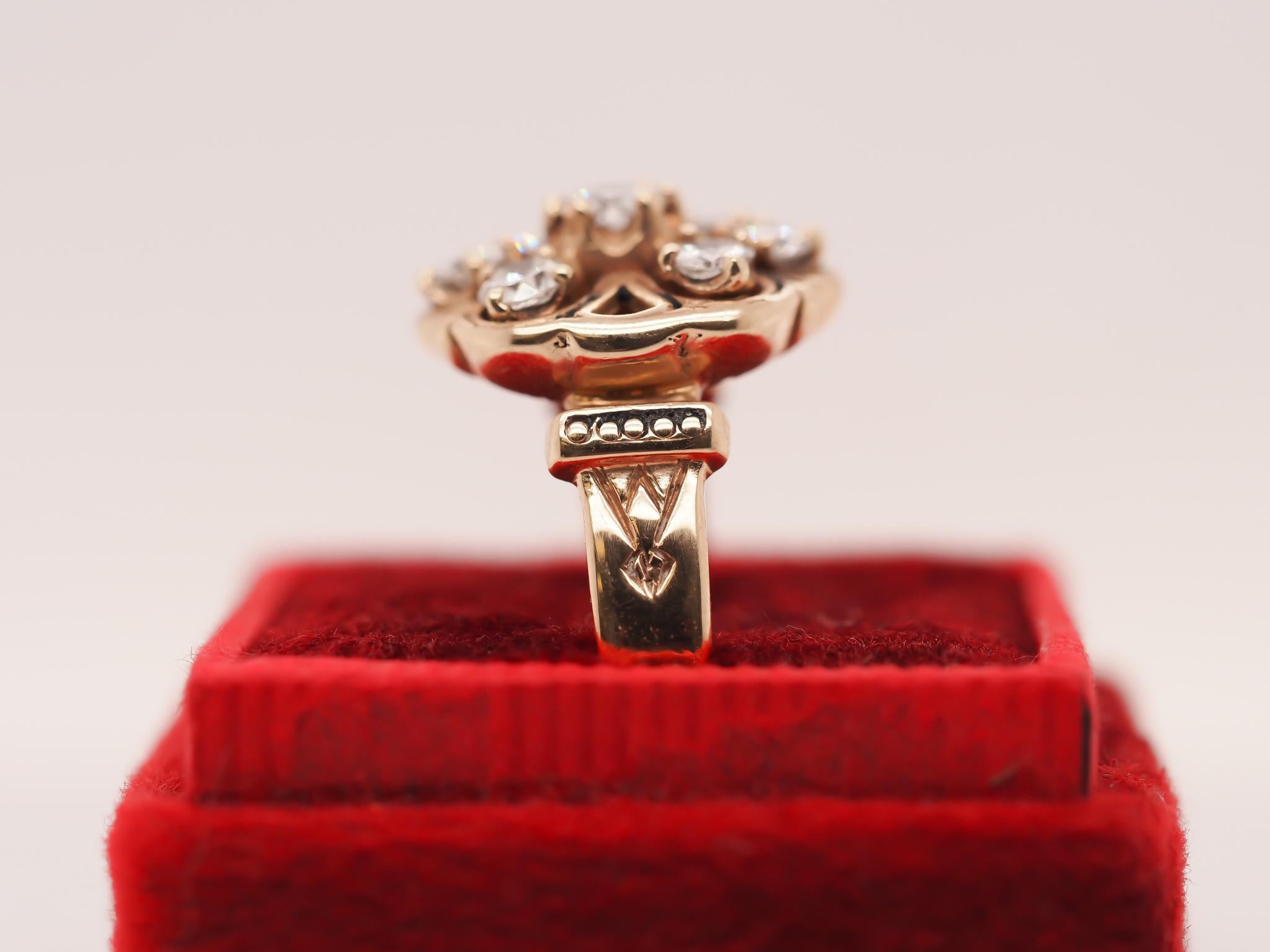 Circa 1950s 14K Yellow Gold Diamond and Enamel Ring For Sale 8