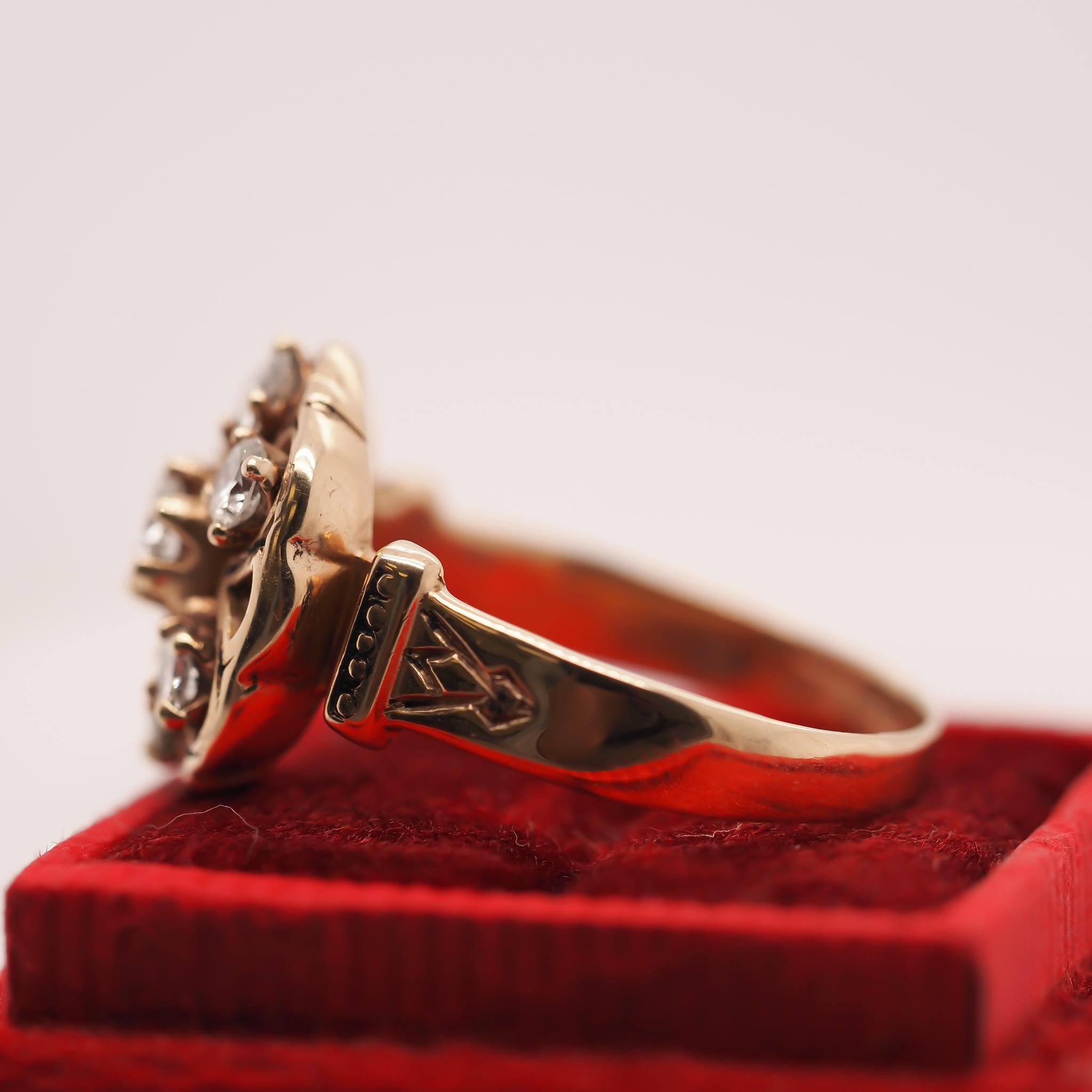 Antique Cushion Cut Circa 1950s 14K Yellow Gold Diamond and Enamel Ring For Sale