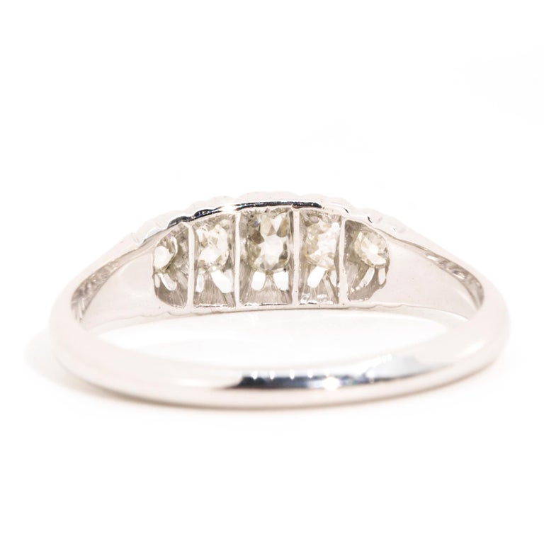 Circa 1950s 18 Carat White Gold Old Cut Diamond Five Stone Vintage Ring For Sale 3