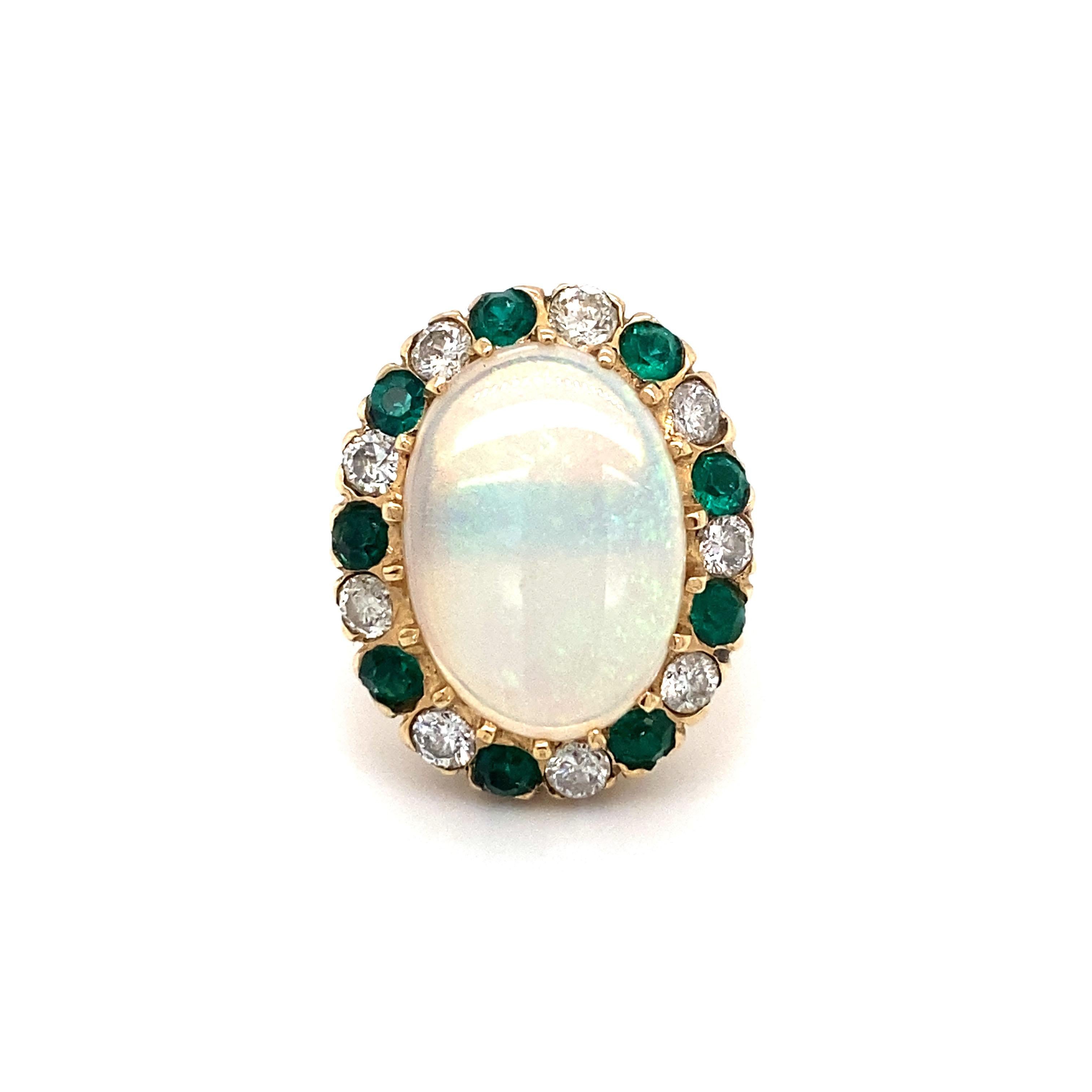 Art Deco Circa 1950s 4.0 Carat Opal, Diamond and Green Glass Halo Ring in 14K Gold For Sale