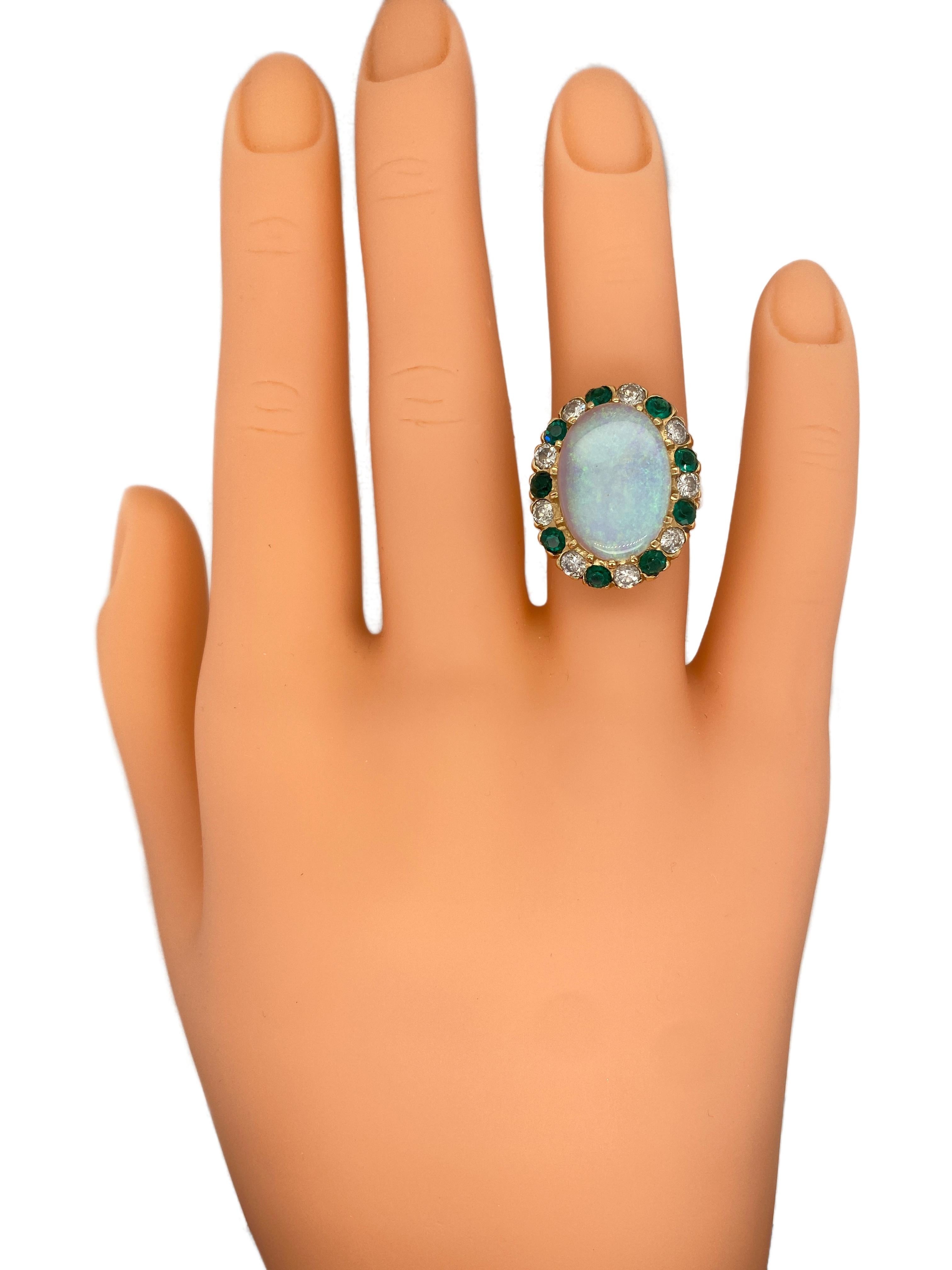 Circa 1950s 4.0 Carat Opal, Diamond and Green Glass Halo Ring in 14K Gold In Good Condition For Sale In Addison, TX