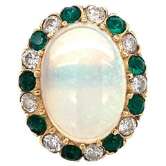 Bague en or 14 carats avec halo d'opales, de diamants et de verre verts, datant des années 1950