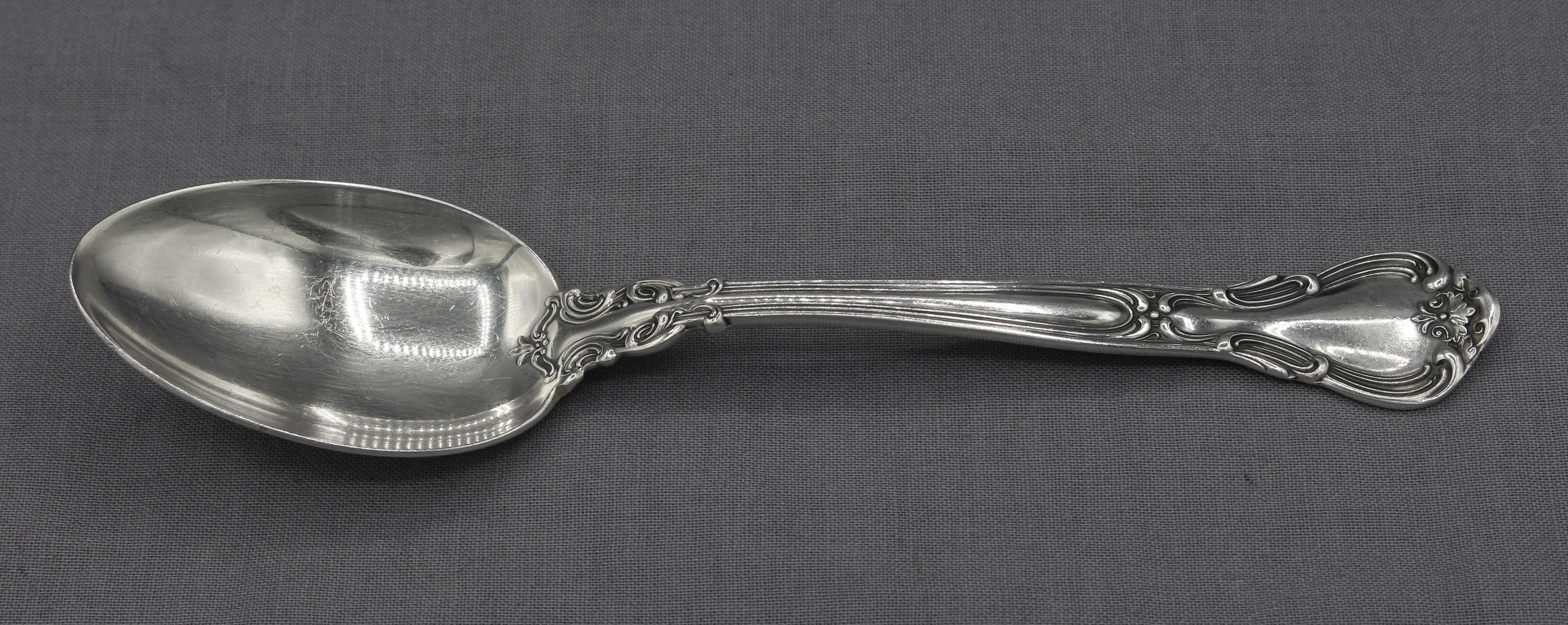 Set of 12 Chantilly sterling silver teaspoons by Gorham, c.1950-70s. Marked Gorham & Sterling. Never monogramed. 11.55 troy oz.
5.75