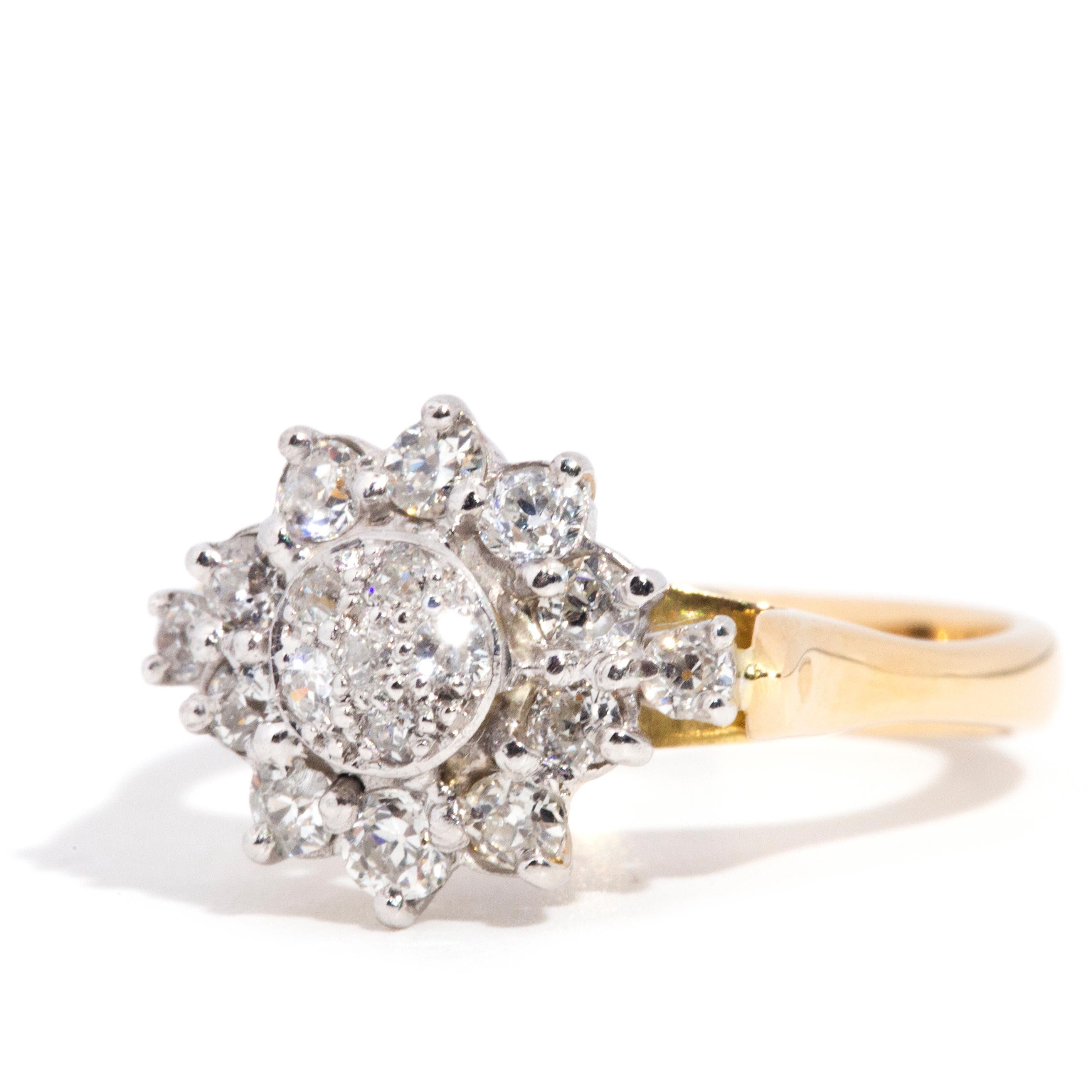 Round Cut Circa 1950s 9 Carat Gold Old Cut Diamond Vintage Starburst Cluster Ring