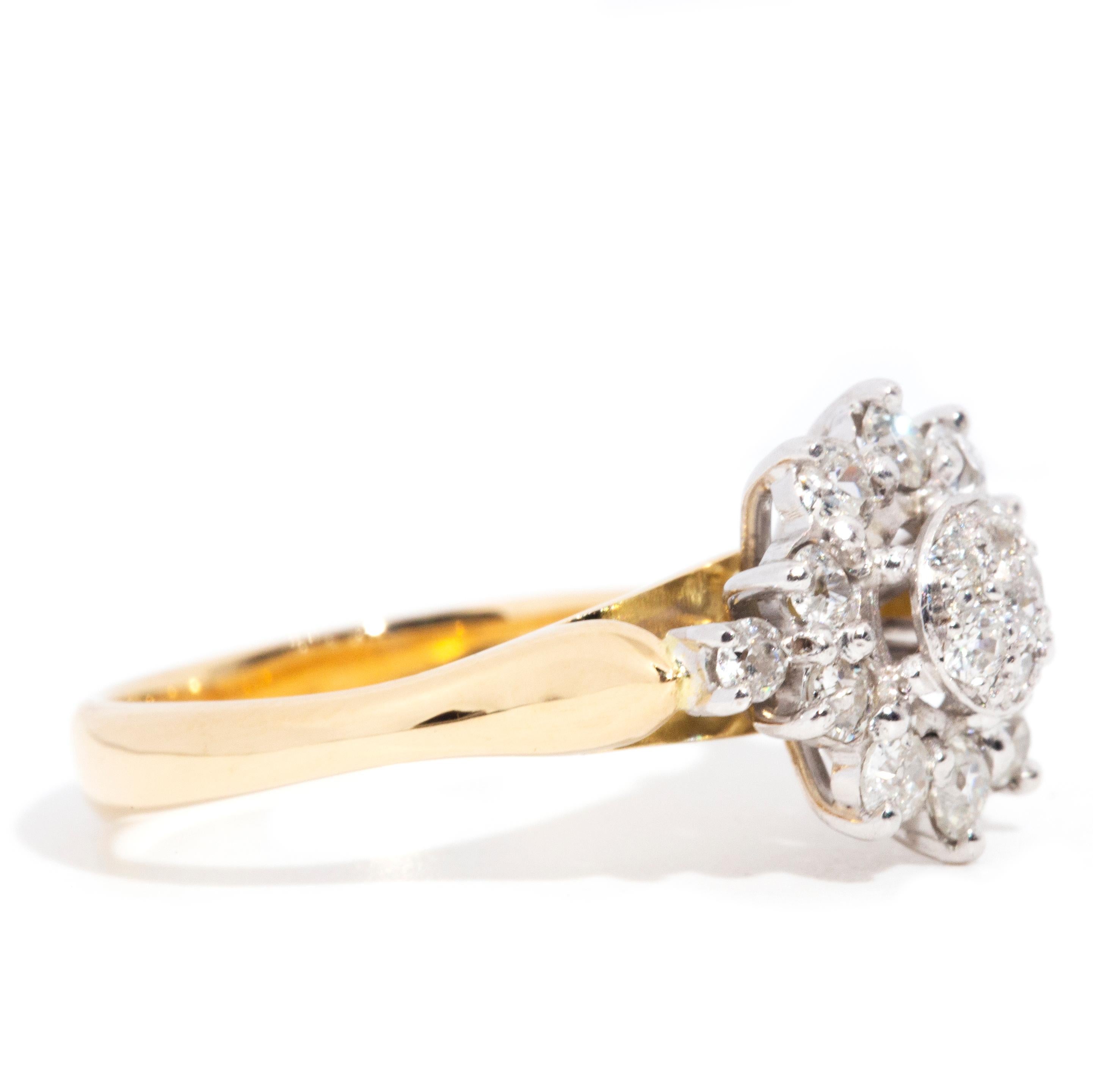 Women's Circa 1950s 9 Carat Gold Old Cut Diamond Vintage Starburst Cluster Ring