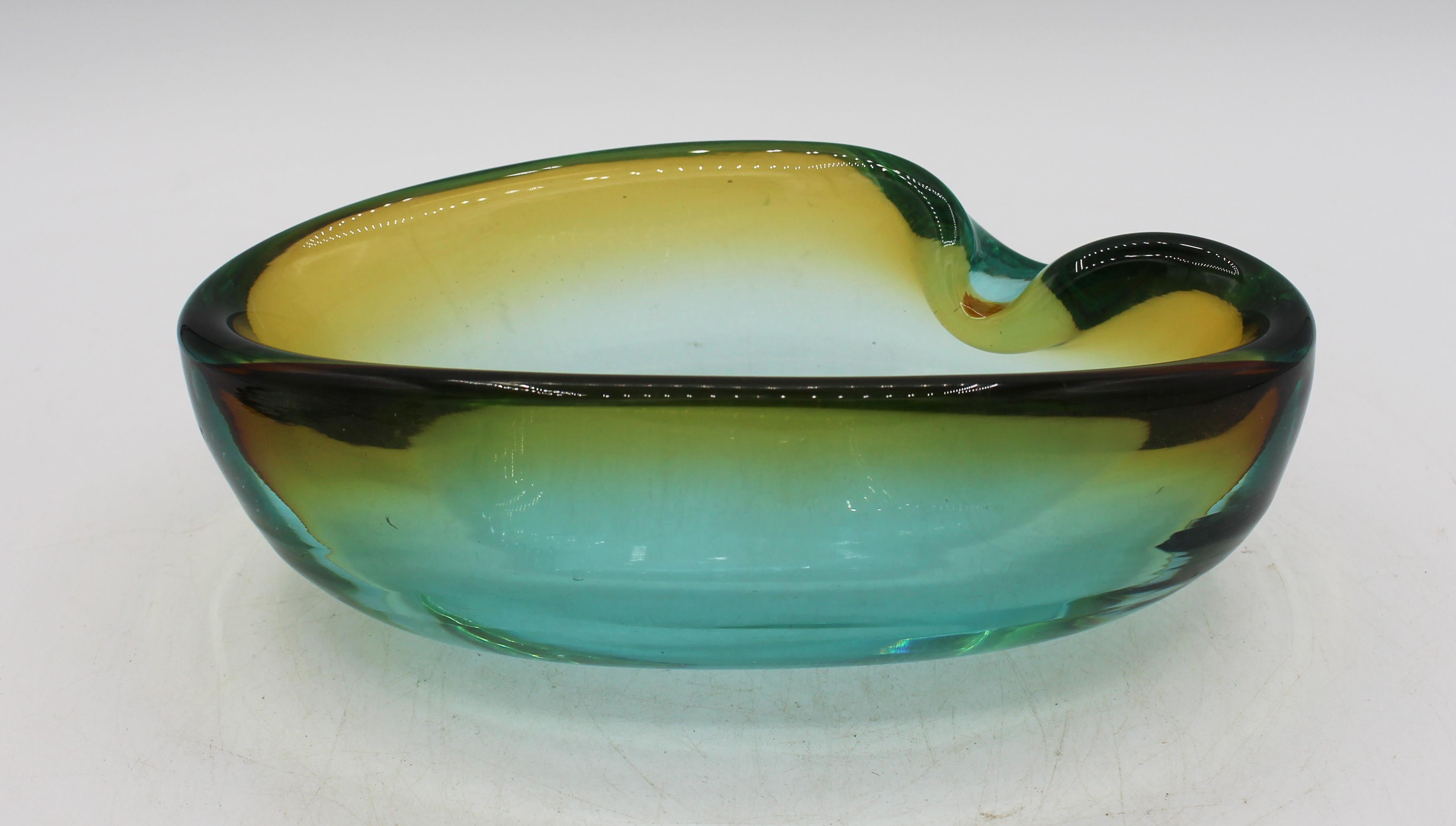 Mid-Century Modern Circa 1950s Amber to Green Murano Glass Amporphous Form Cigar Ashtray For Sale