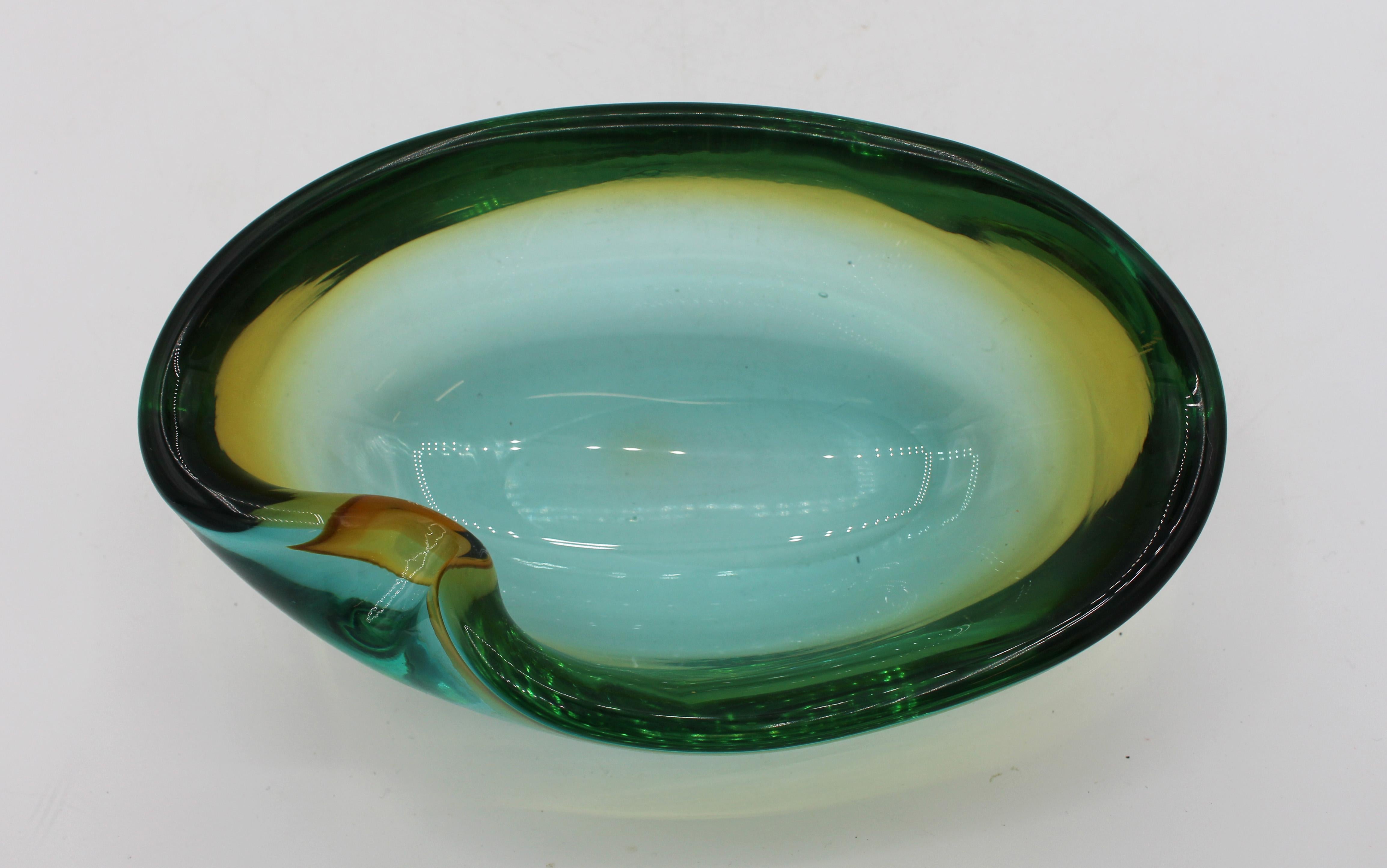 Mid-20th Century Circa 1950s Amber to Green Murano Glass Amporphous Form Cigar Ashtray For Sale