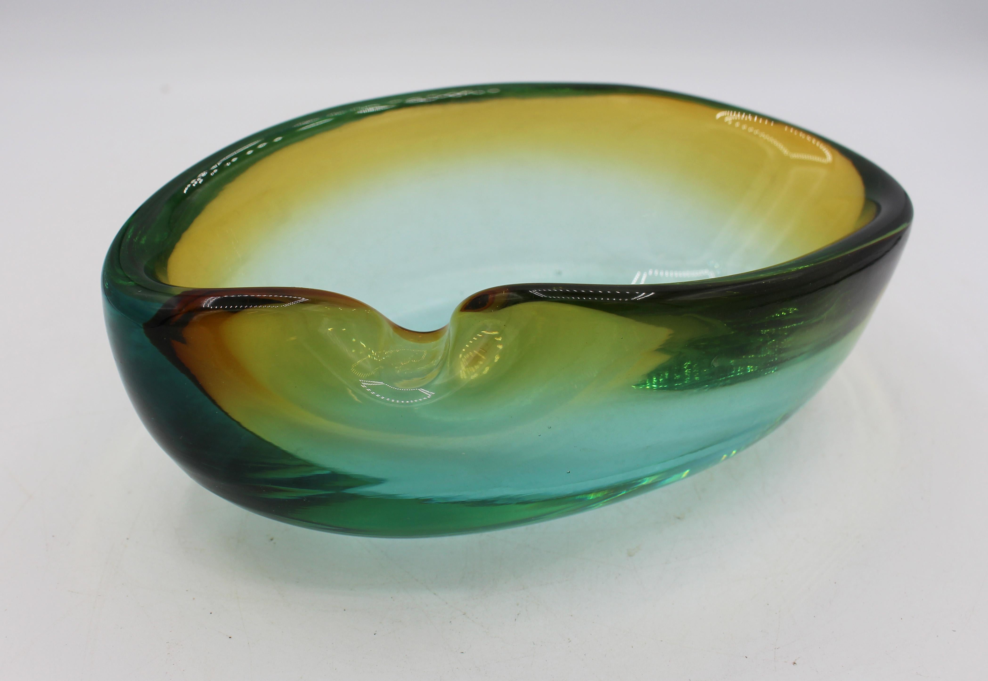 Circa 1950s Amber to Green Murano Glass Amporphous Form Cigar Ashtray For Sale 1