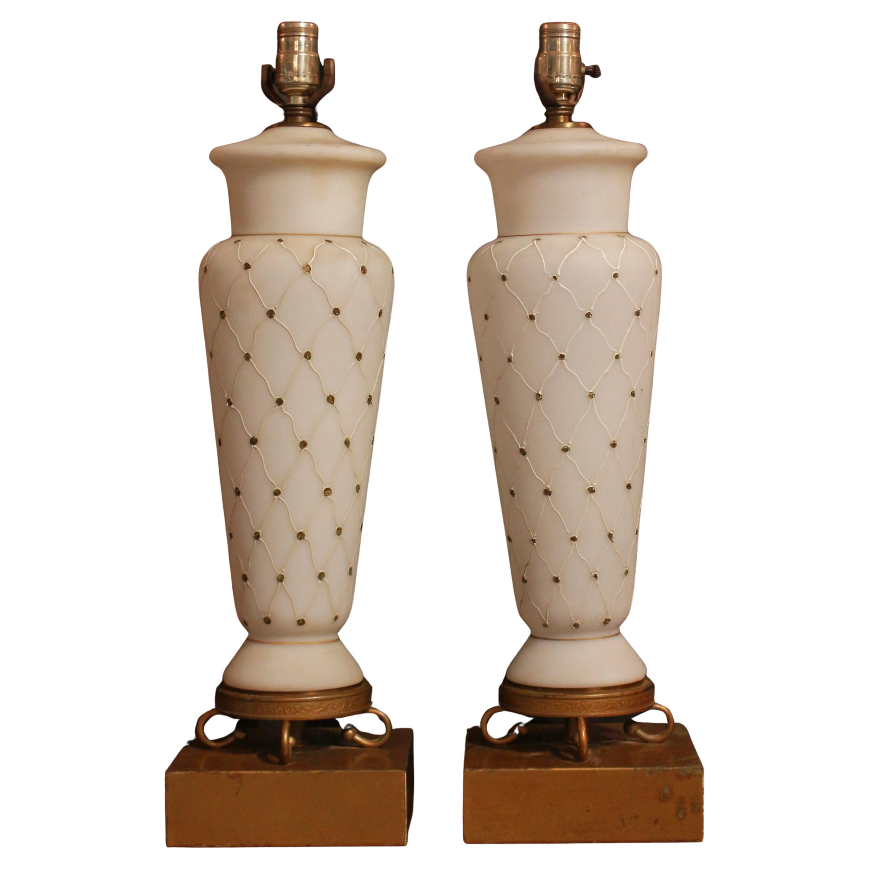 Circa 1950s American Pair of Glass Faux Marble Lamps