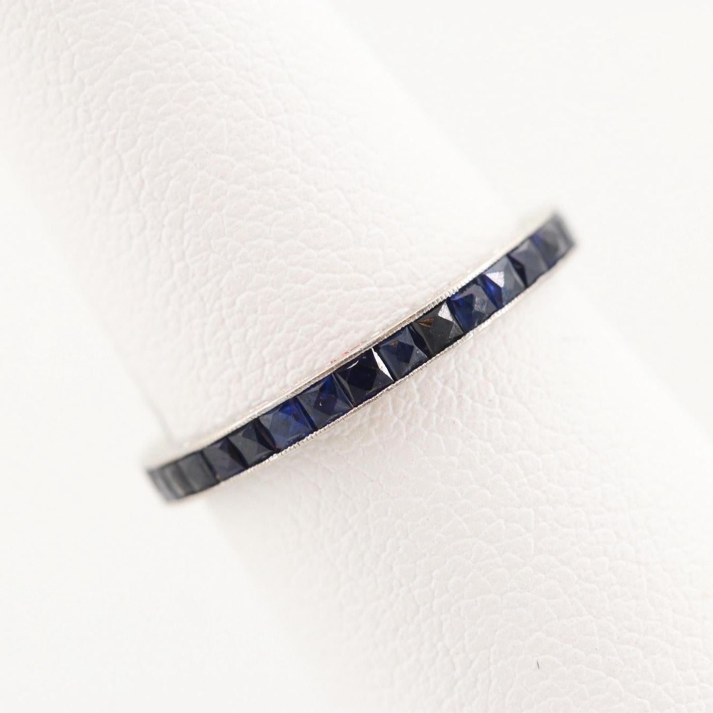 French Cut Art Deco Style Platinum 1 Carat Synthetic Blue Sapphire Eternity Band