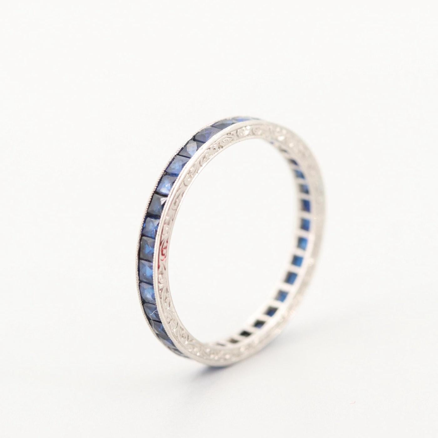 Art Deco Style Platinum 1 Carat Synthetic Blue Sapphire Eternity Band In Fair Condition In Addison, TX