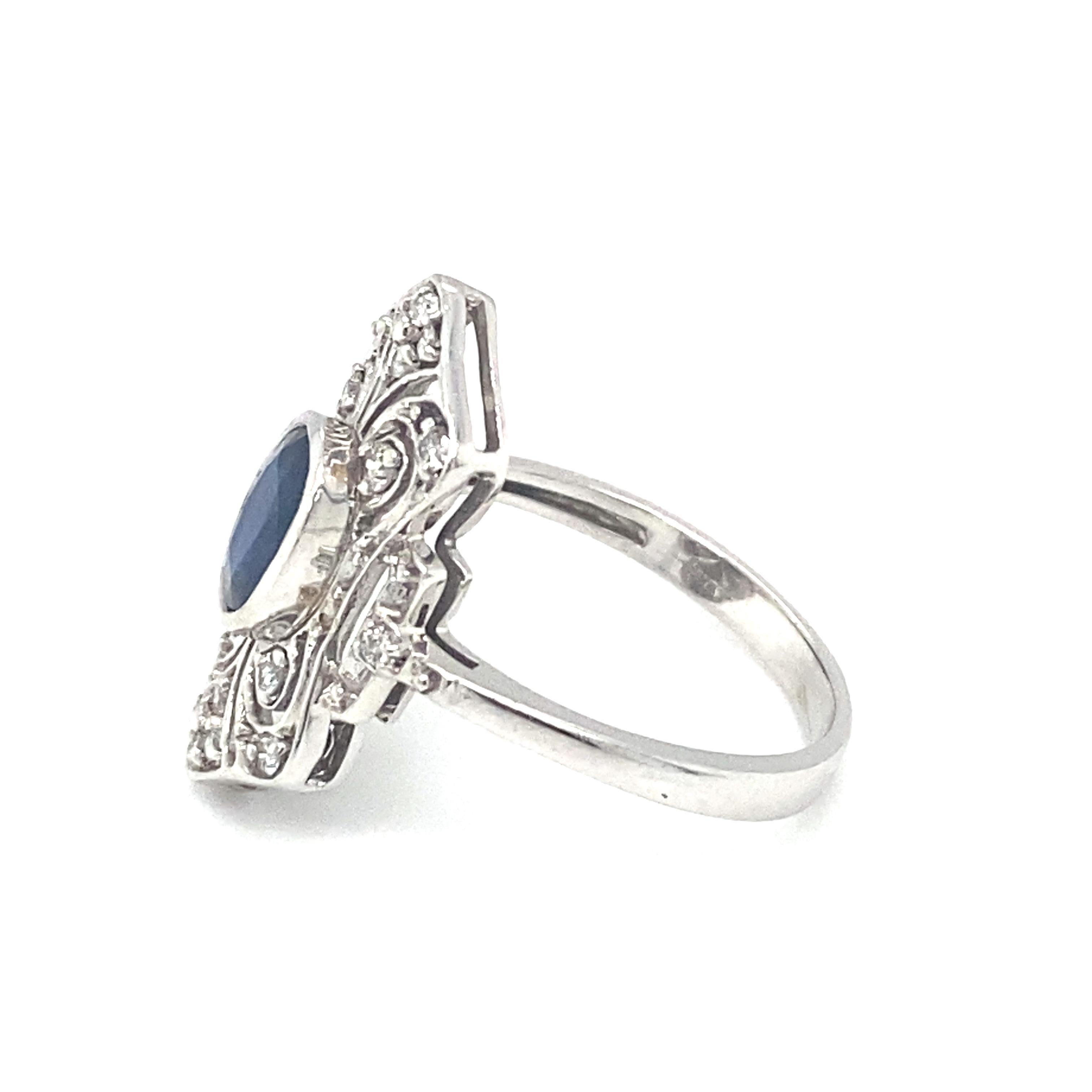 Oval Cut Circa 1950s Art Deco Style Sapphire and Diamond Cocktail Ring in 14K White Gold For Sale
