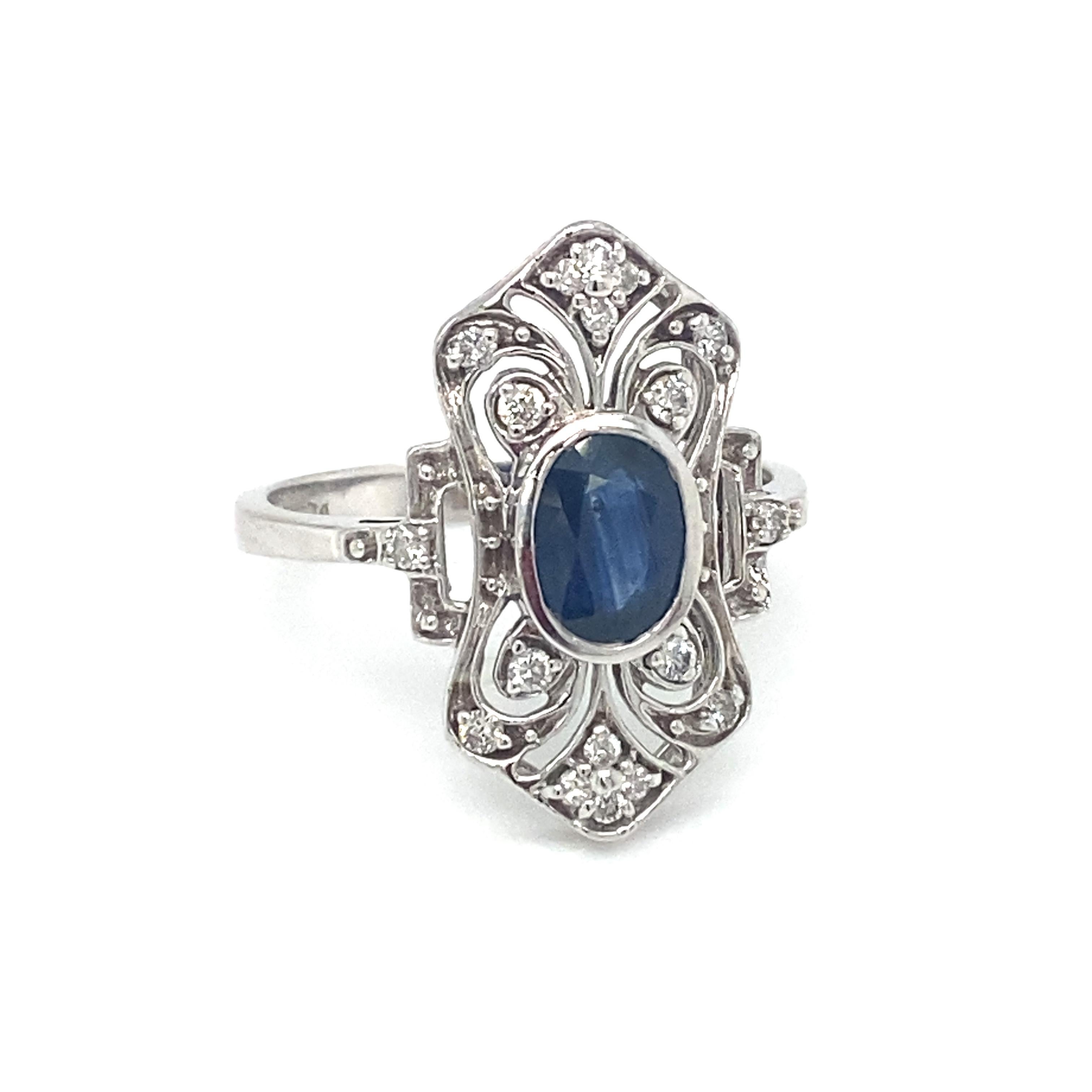 Circa 1950s Art Deco Style Sapphire and Diamond Cocktail Ring in 14K White Gold In Excellent Condition For Sale In Atlanta, GA