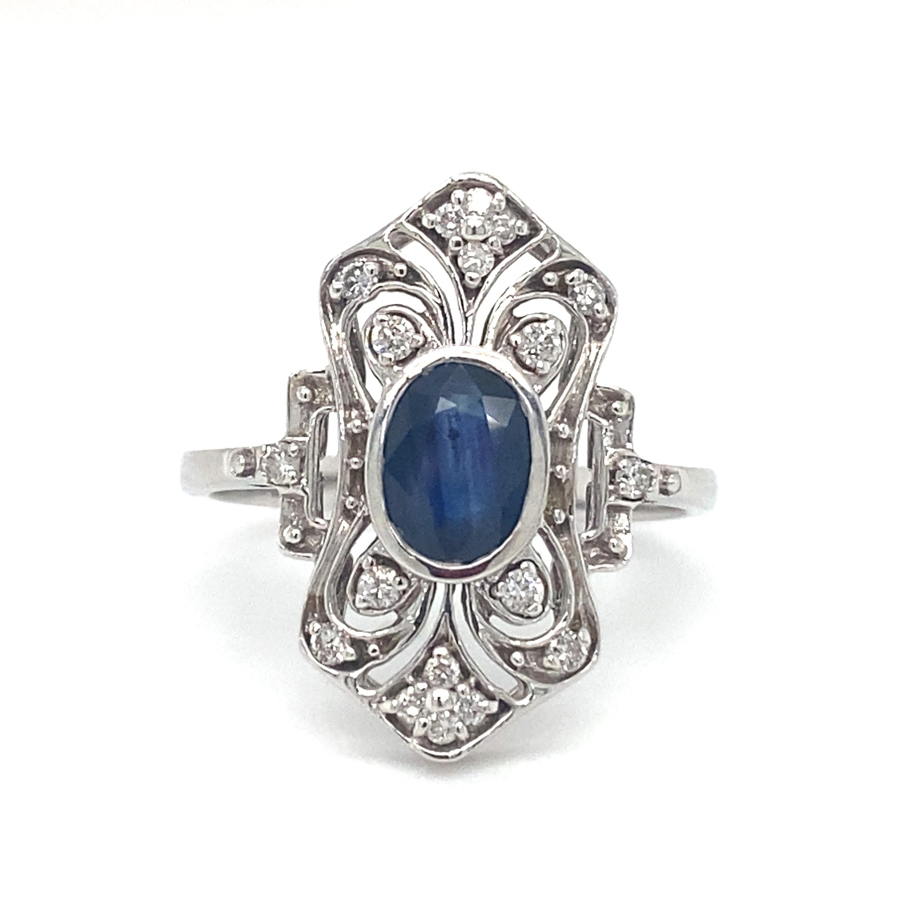 Circa 1950s Art Deco Style Sapphire and Diamond Cocktail Ring in 14K White Gold For Sale 1