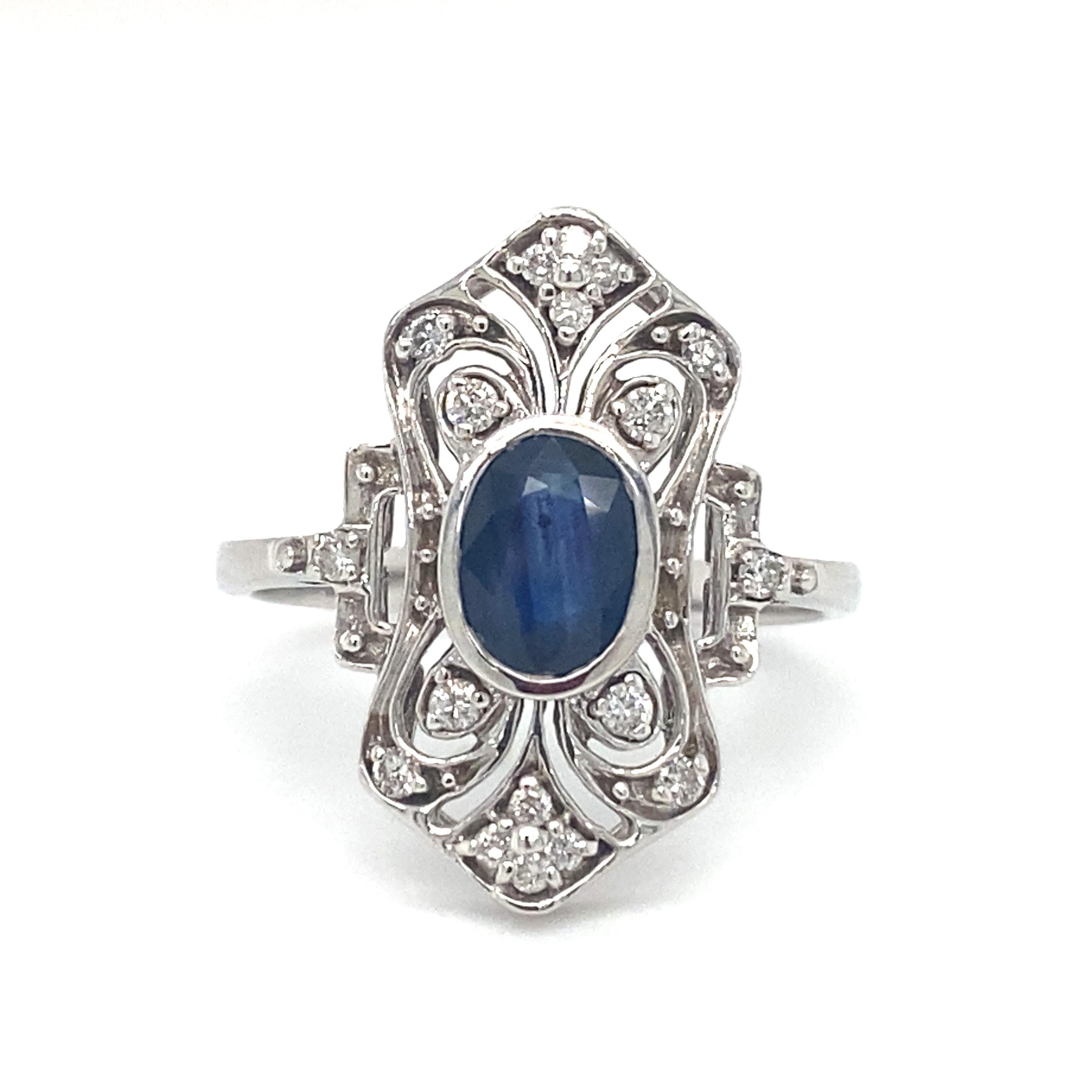Anello da cocktail con zaffiro e diamanti in oro bianco 14 carati, stile Art Deco, anni '50 circa in vendita 1