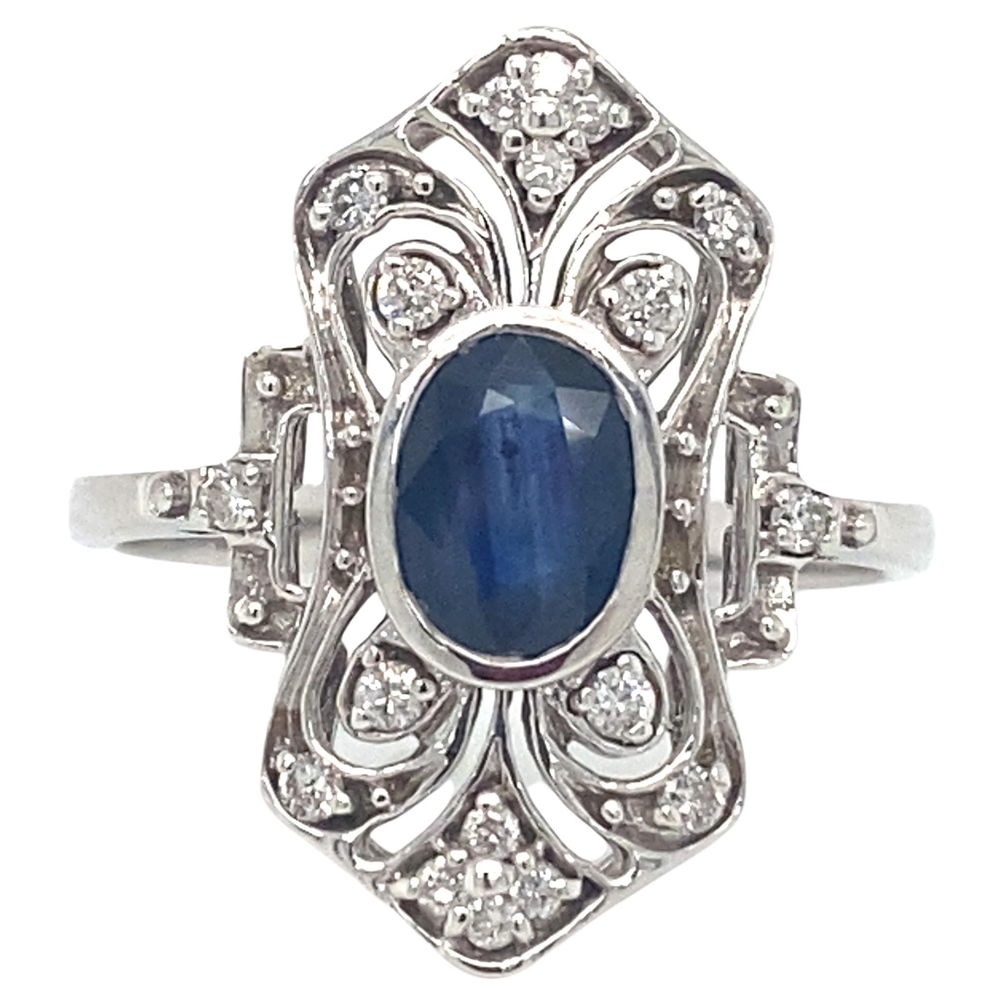 Circa 1950s Art Deco Style Sapphire and Diamond Cocktail Ring in 14K White Gold For Sale