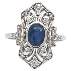 Circa 1950s Art Deco Style Sapphire and Diamond Cocktail Ring in 14K White Gold