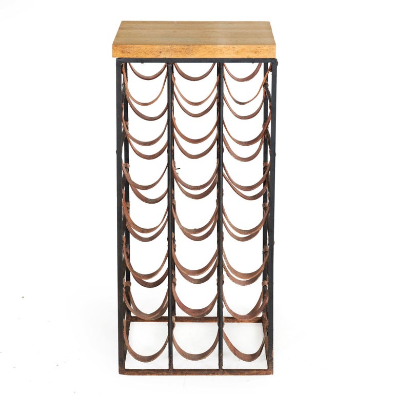 Circa 1950s Arthur Umanoff Iron and Leather 21Bottle Wine Rack Accent
