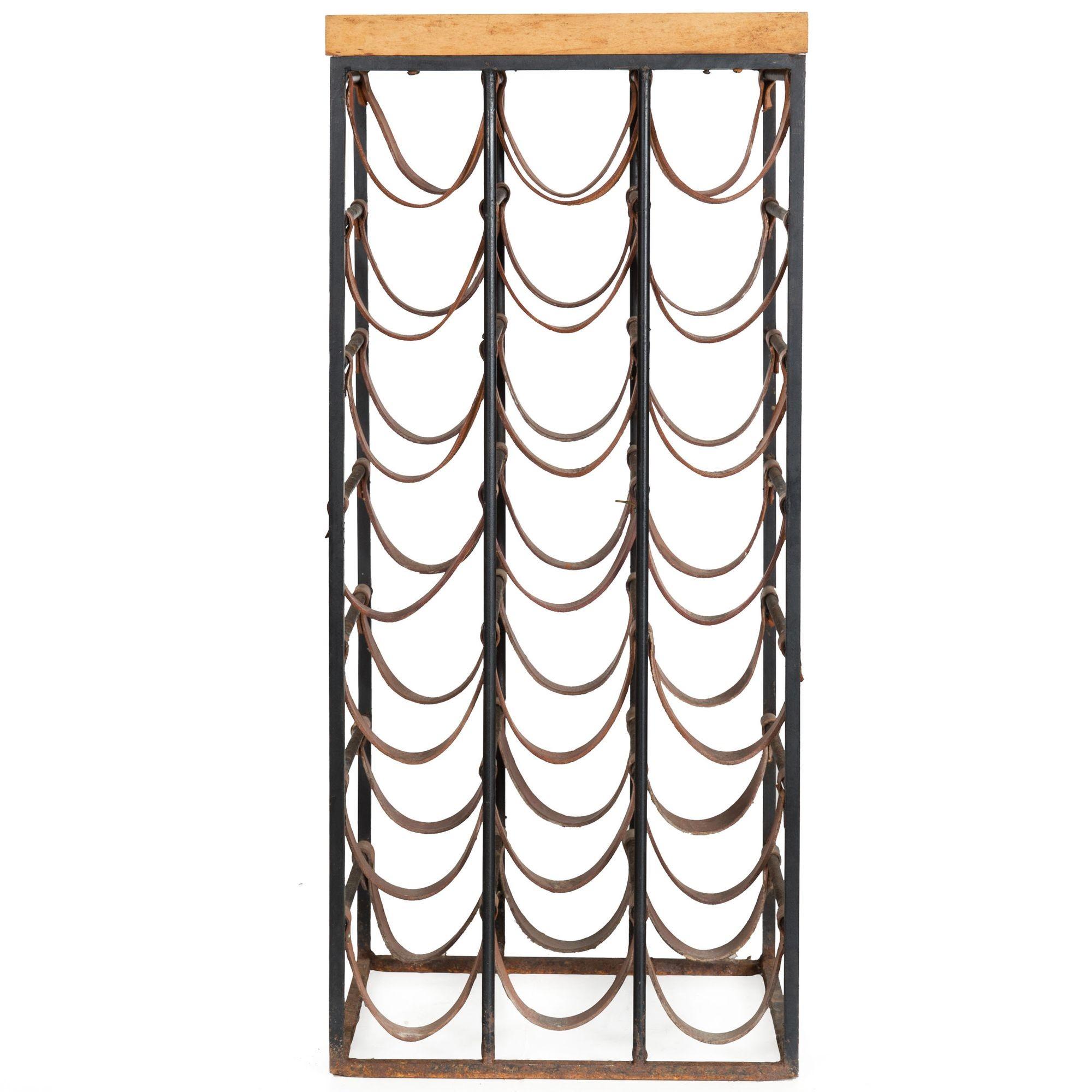 Mid-Century Modern Circa 1950s Arthur Umanoff Iron & Leather 21-Bottle Wine Rack Accent Table
