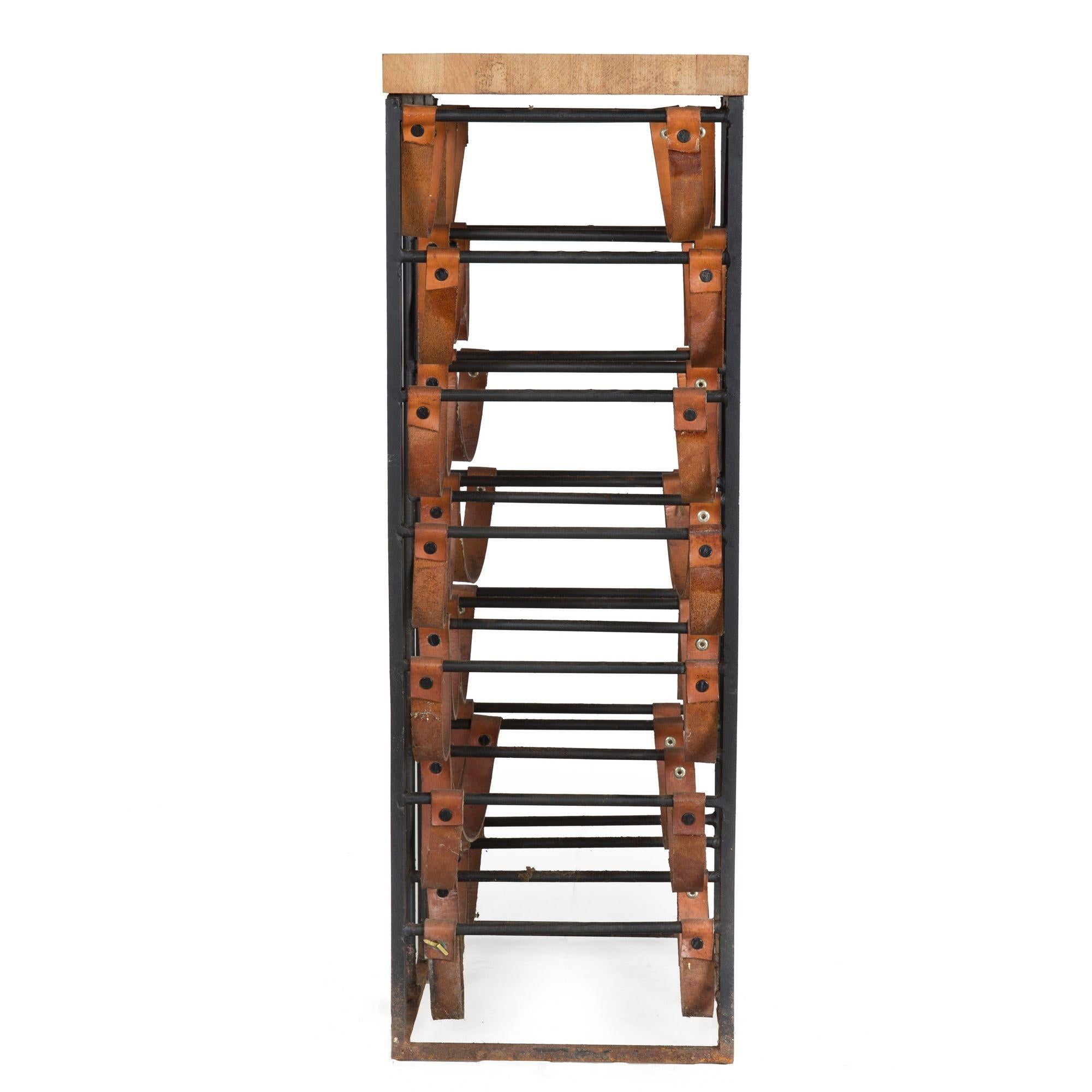 American Circa 1950s Arthur Umanoff Iron & Leather 21-Bottle Wine Rack Accent Table