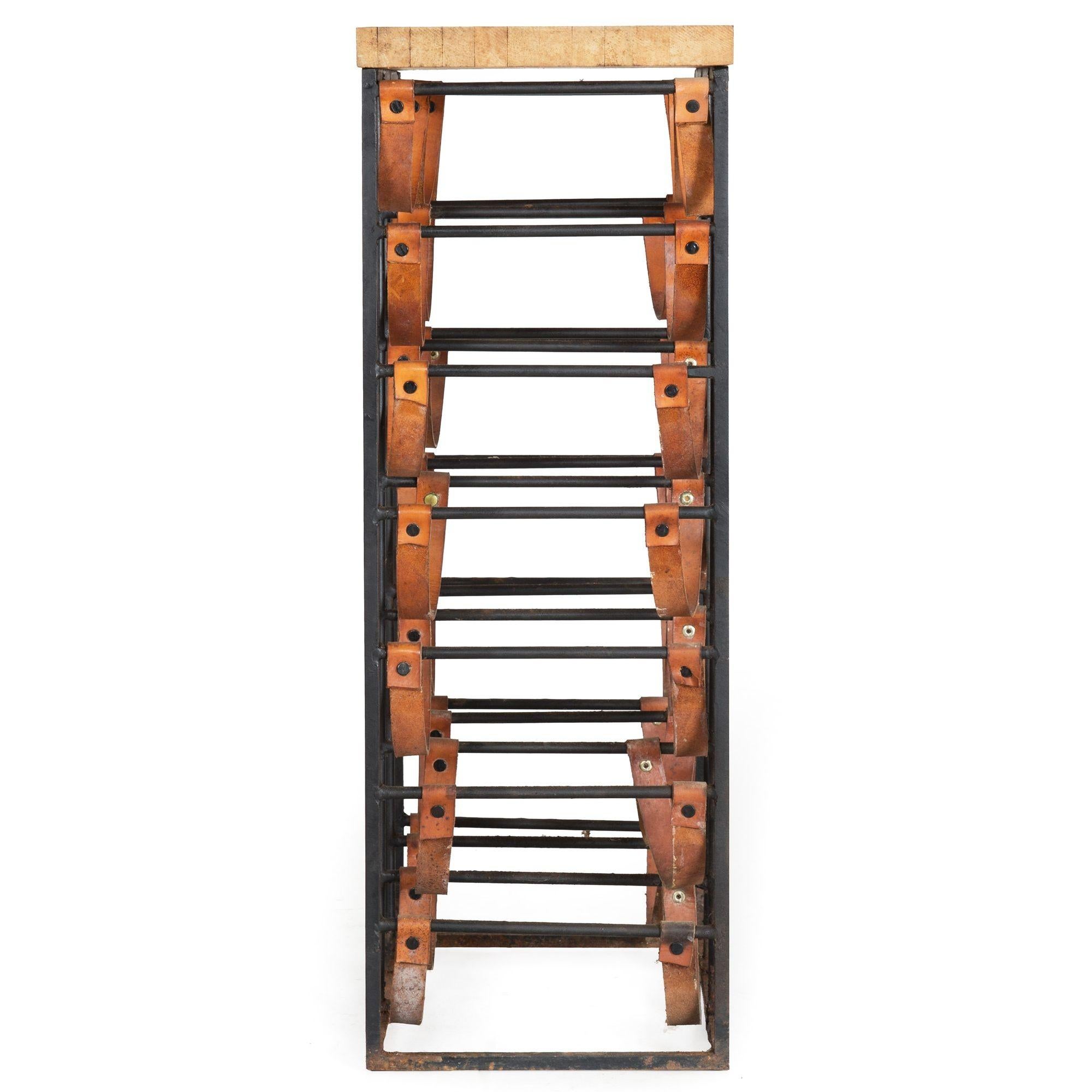 Circa 1950s Arthur Umanoff Iron & Leather 21-Bottle Wine Rack Accent Table In Fair Condition In Shippensburg, PA