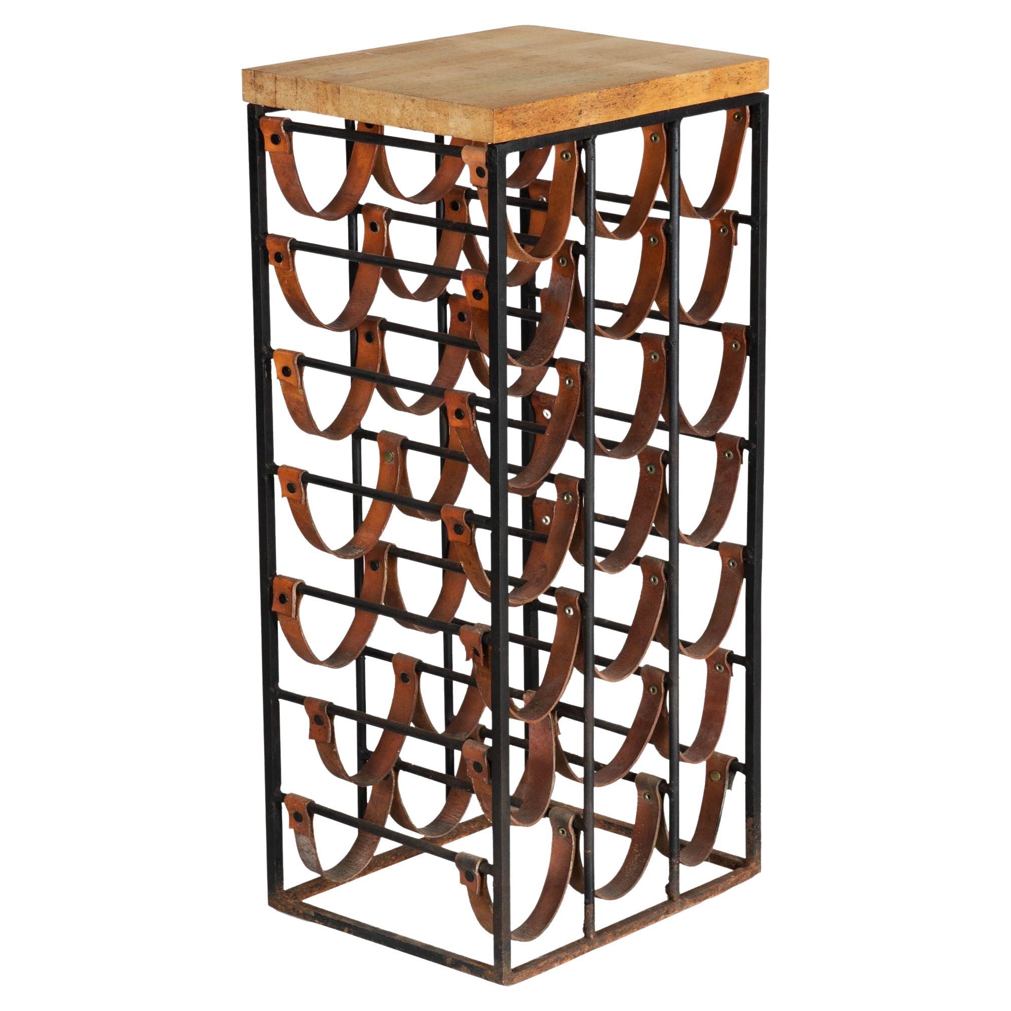 Circa 1950s Arthur Umanoff Iron & Leather 21-Bottle Wine Rack Accent Table