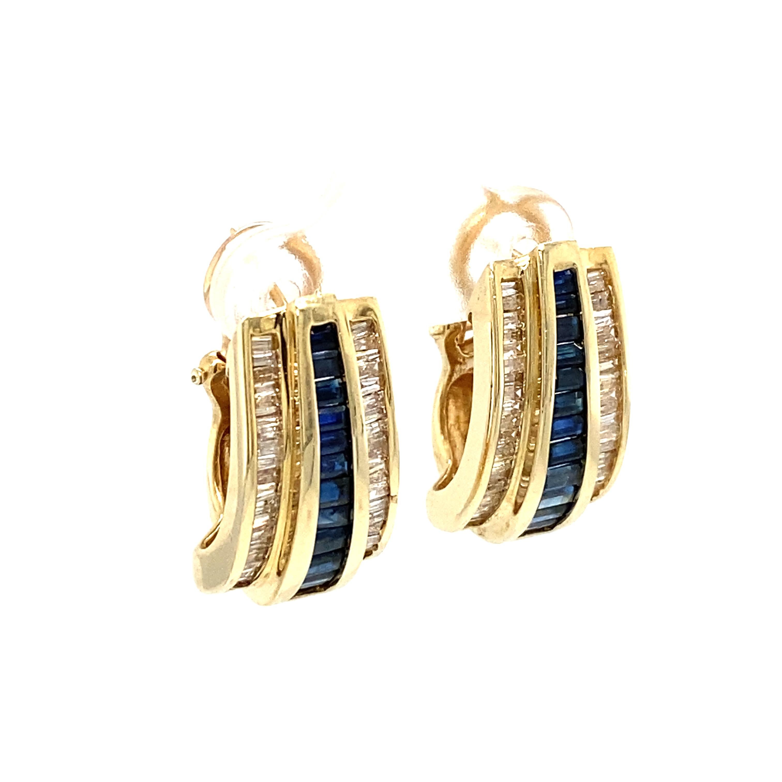 Retro Circa 1950s Baguette Sapphire and Diamond J Hoop Earrings in 14 Karat Gold For Sale