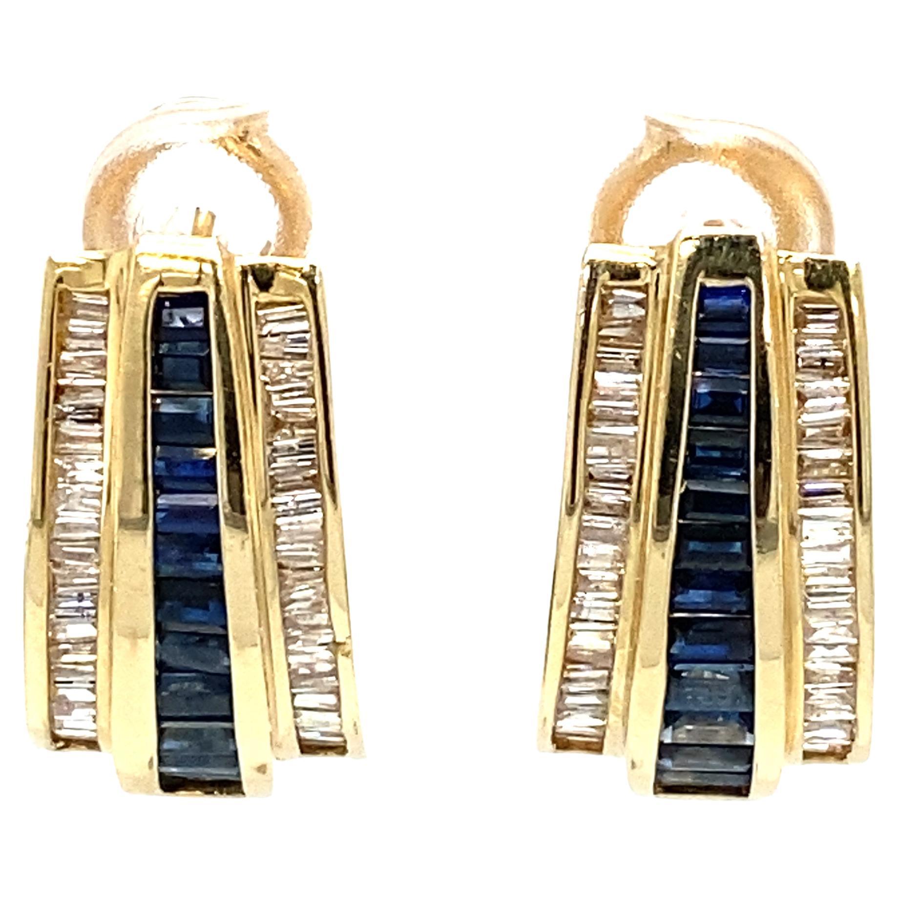 Circa 1950s Baguette Sapphire and Diamond J Hoop Earrings in 14 Karat Gold For Sale