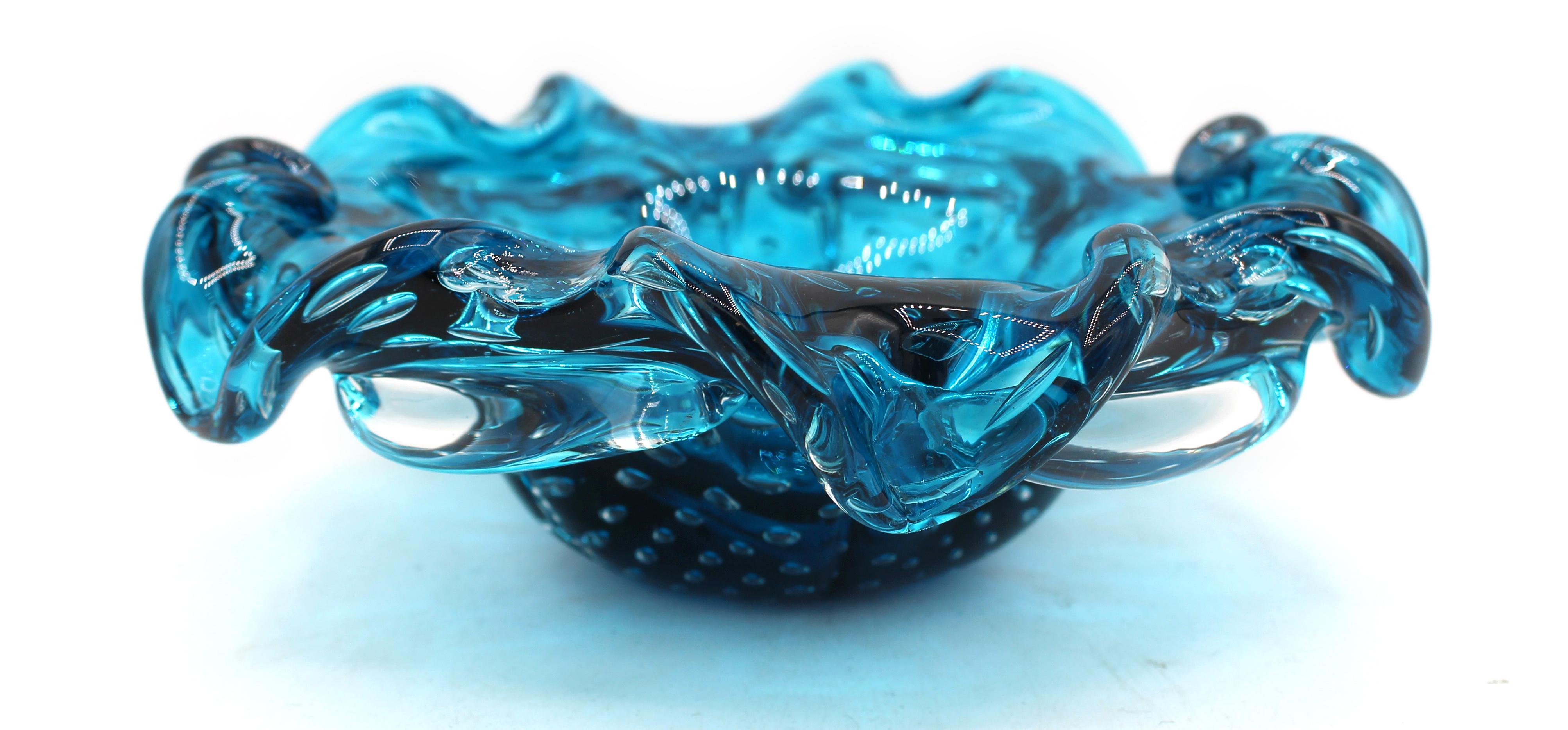 Mid-Century Modern Circa 1950s Blue & Clear Bullicante Murano Glass Bowl