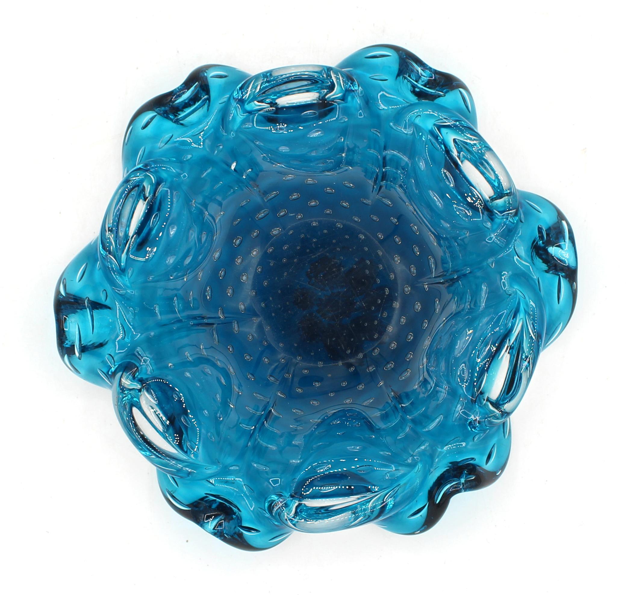 Italian Circa 1950s Blue & Clear Bullicante Murano Glass Bowl
