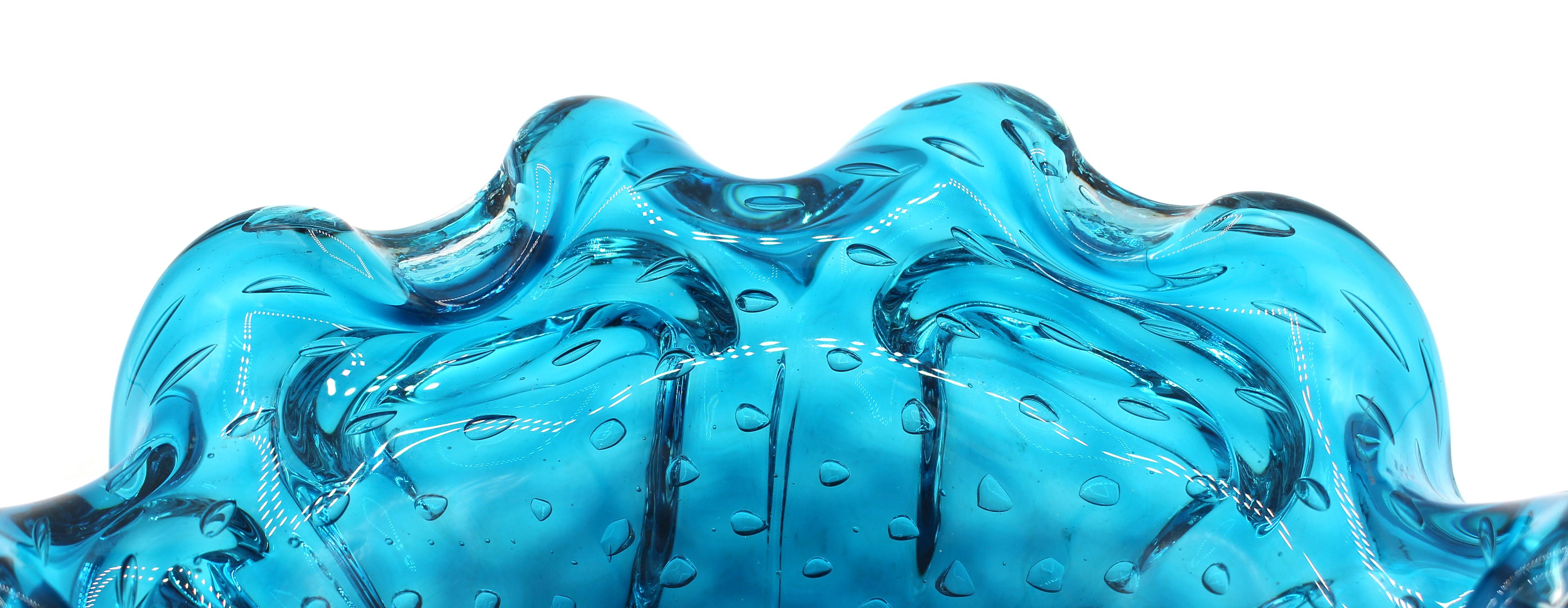 Circa 1950s Blue & Clear Bullicante Murano Glass Bowl In Good Condition In Chapel Hill, NC