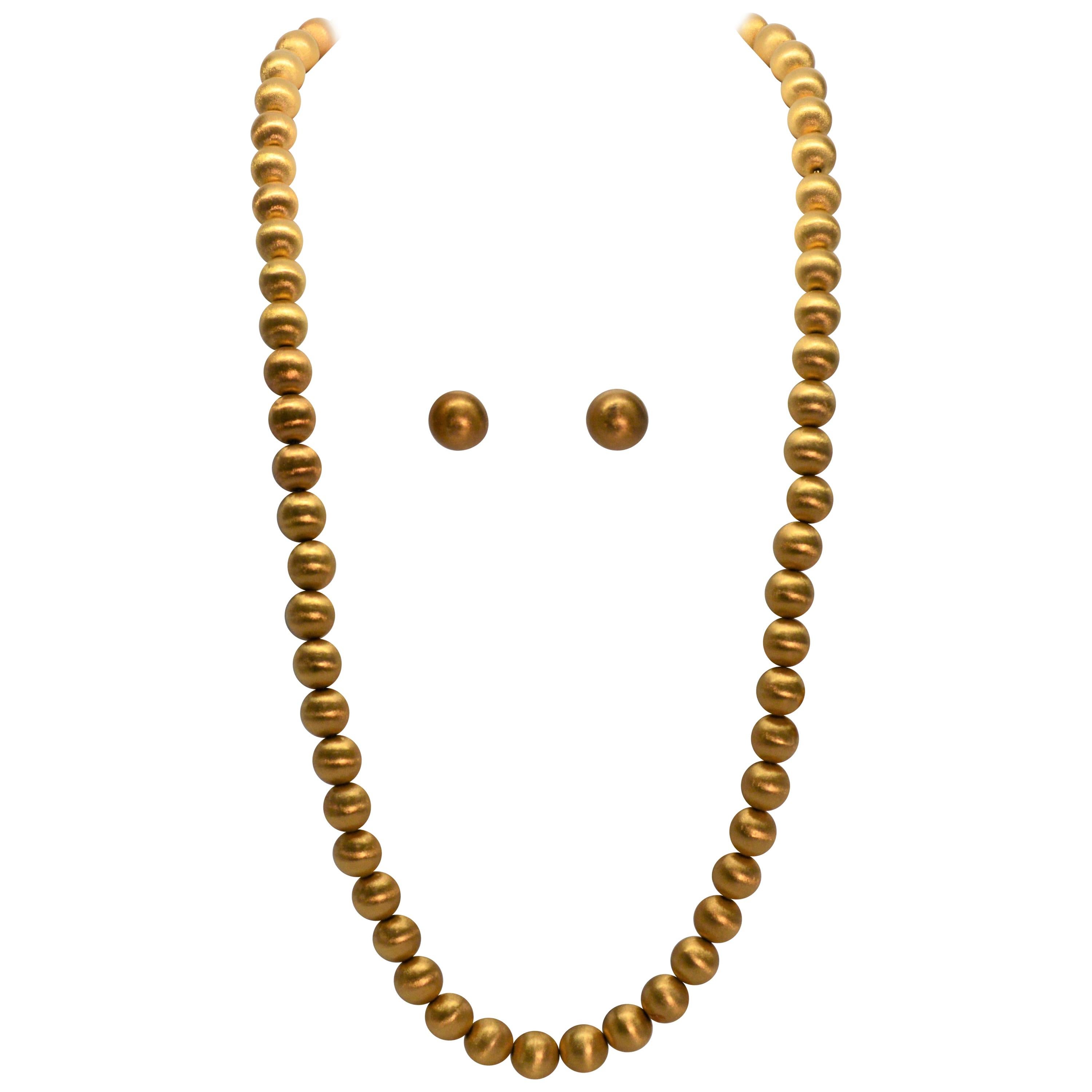 Satin 18 Karat Gold Bead Necklace and Earring Set
