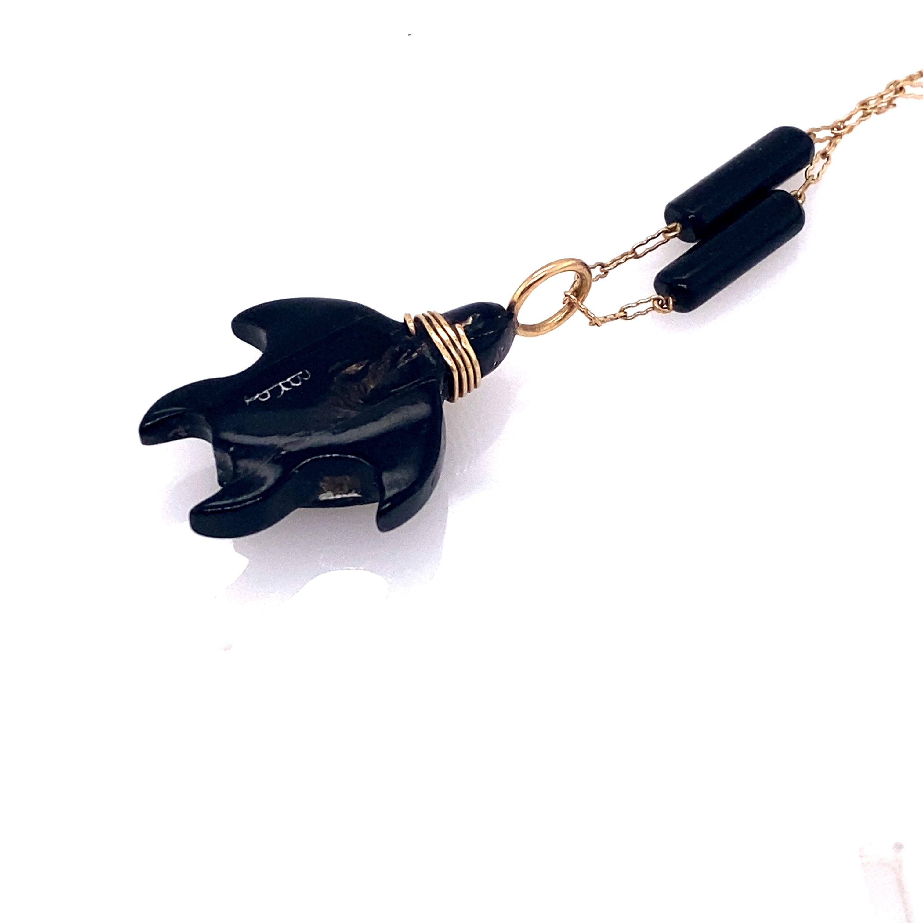 Uncut Circa 1950s Carved Onyx Station Necklace with Turtle Pendant in 14K Gold For Sale