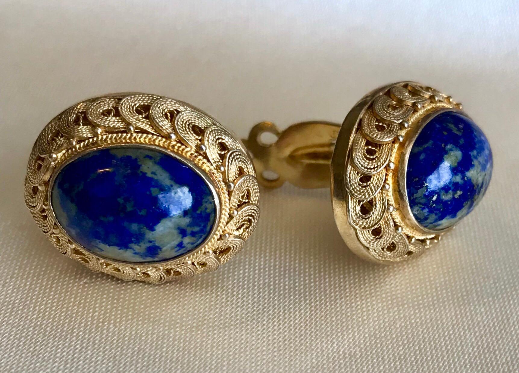 Circa 1950s Chinese Gold-Plated Sterling Silver Blue Sodalite Clip-Back Earrings In Good Condition For Sale In Long Beach, CA