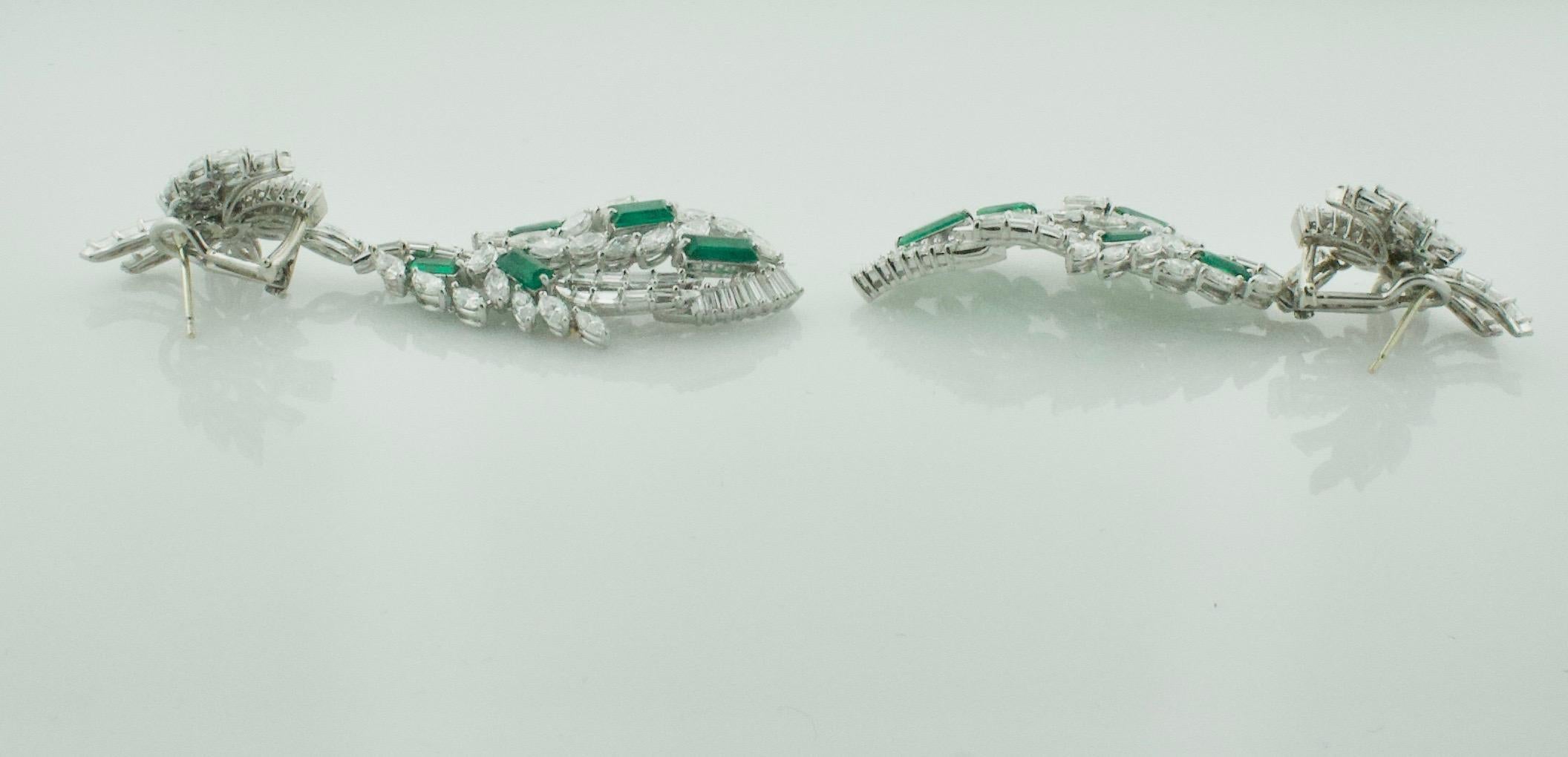Marquise Cut Circa 1950's Dangling Diamond and Emerald Earrings in Platinum For Sale