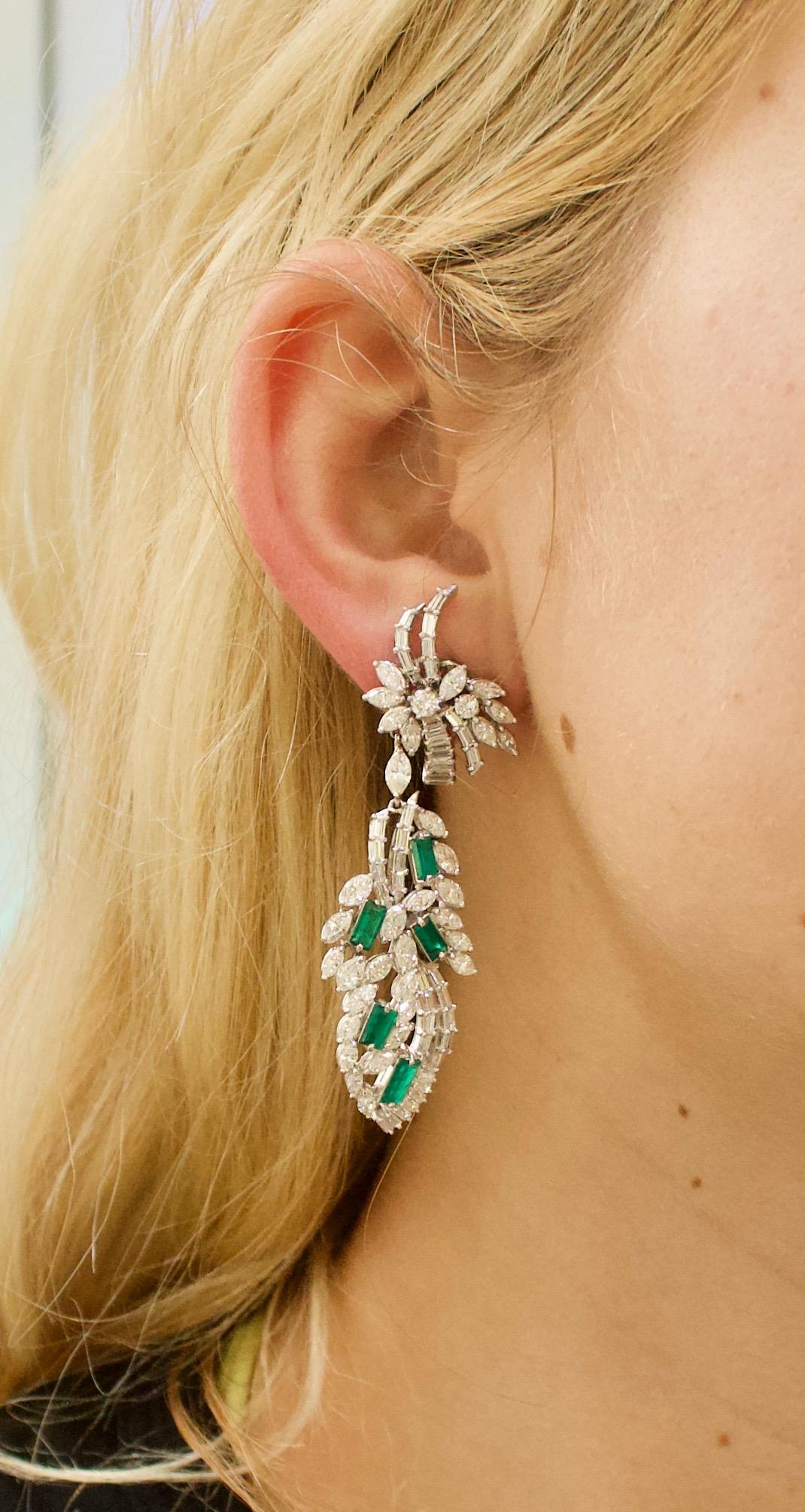 Women's or Men's Circa 1950's Dangling Diamond and Emerald Earrings in Platinum For Sale