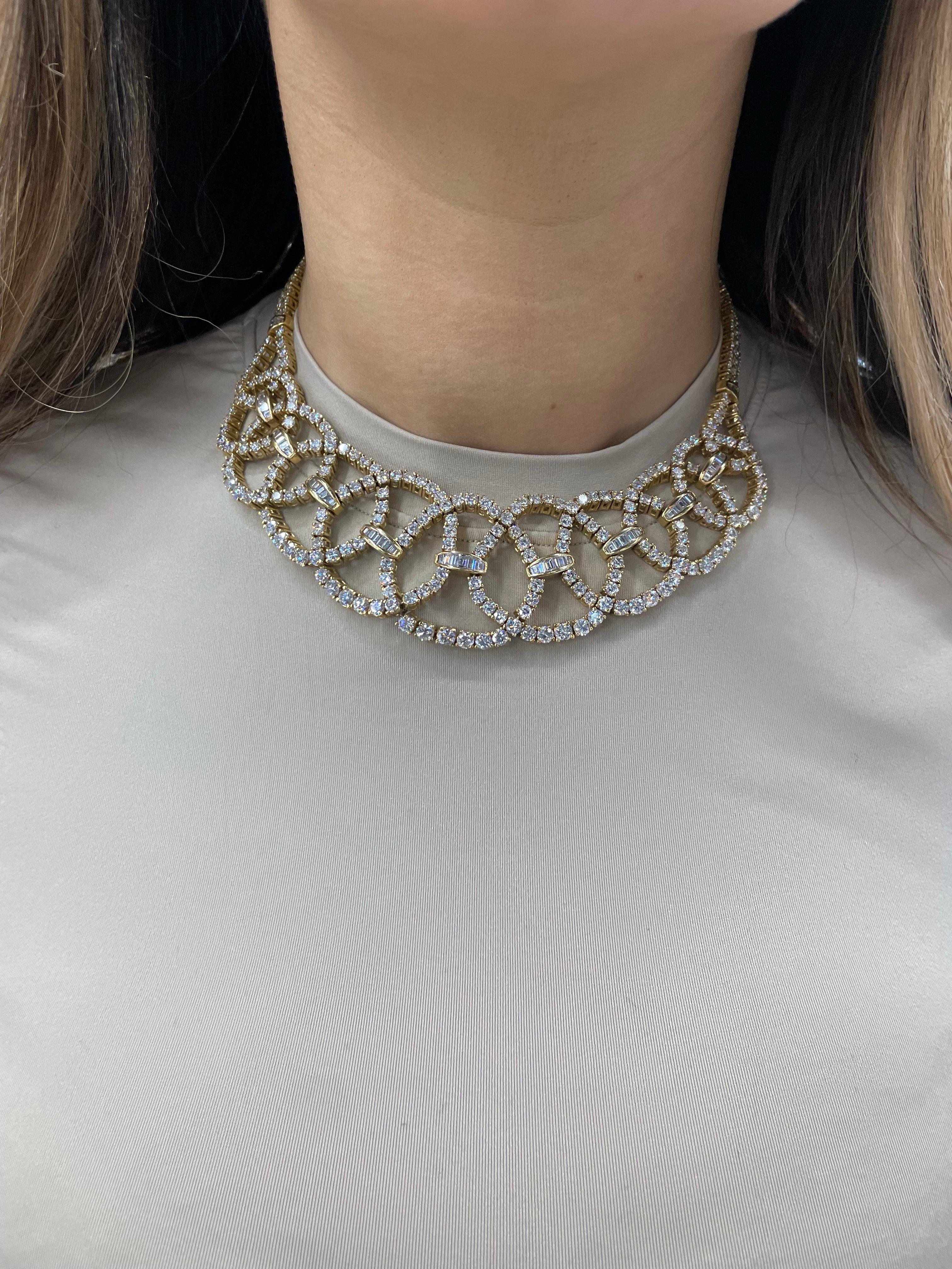 Circa 1950's, this Vintage Collar necklace features round brilliants weighing approximately 45 Carats.
Color G
Clarity SI
Stunning & Bold!! 