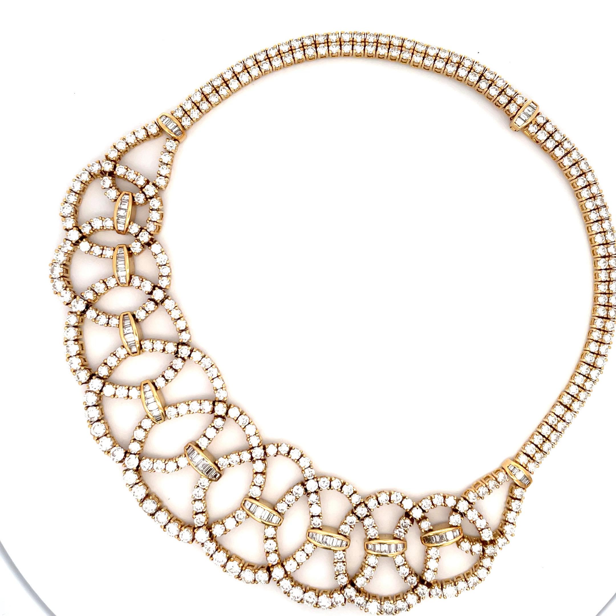 Contemporary Circa 1950s Diamond Collar Necklace 45 Carats 18 Karat Yellow Gold For Sale
