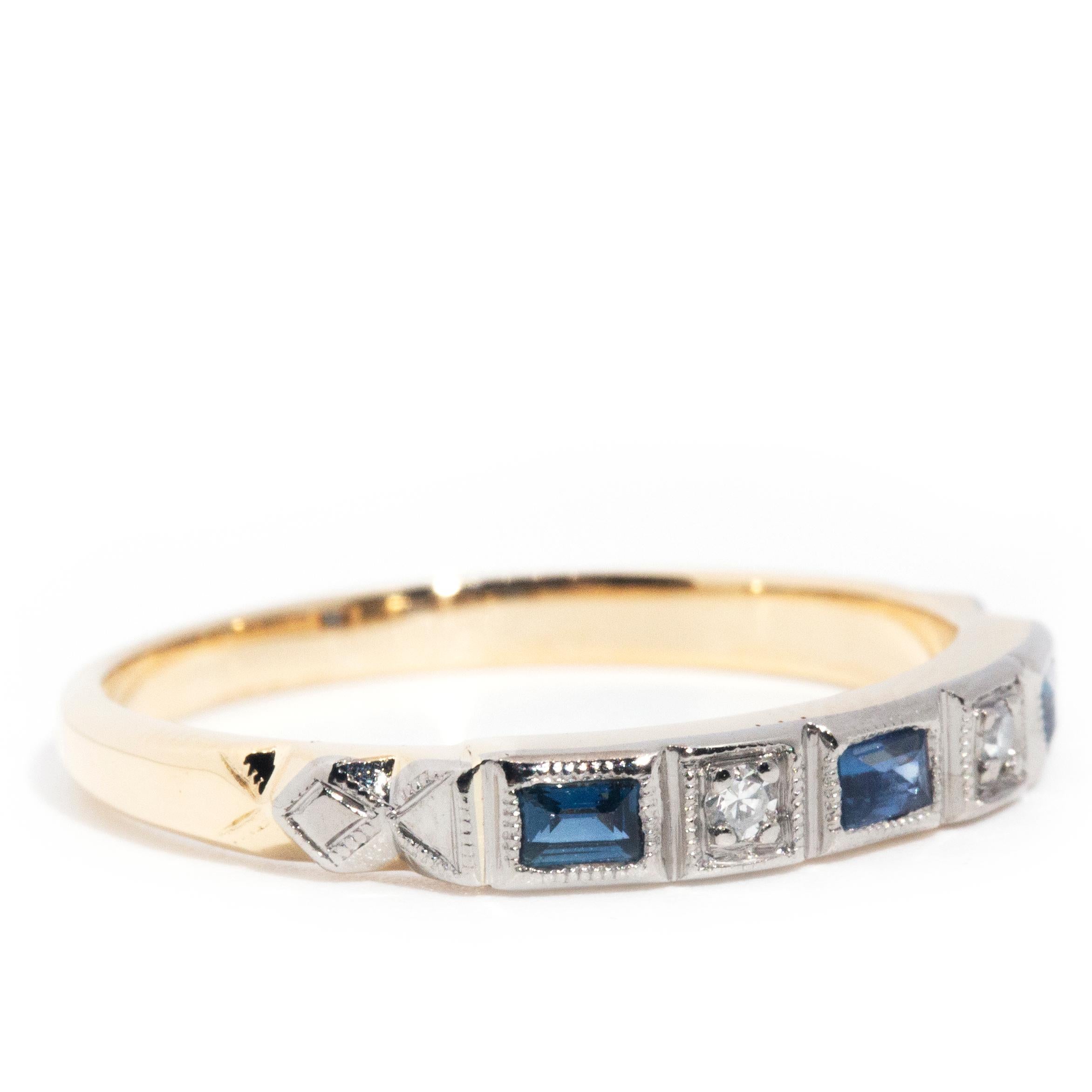 Circa 1950s Diamond & Sapphire Vintage 18 Carat Yellow Gold Stacking Band Ring In Good Condition In Hamilton, AU
