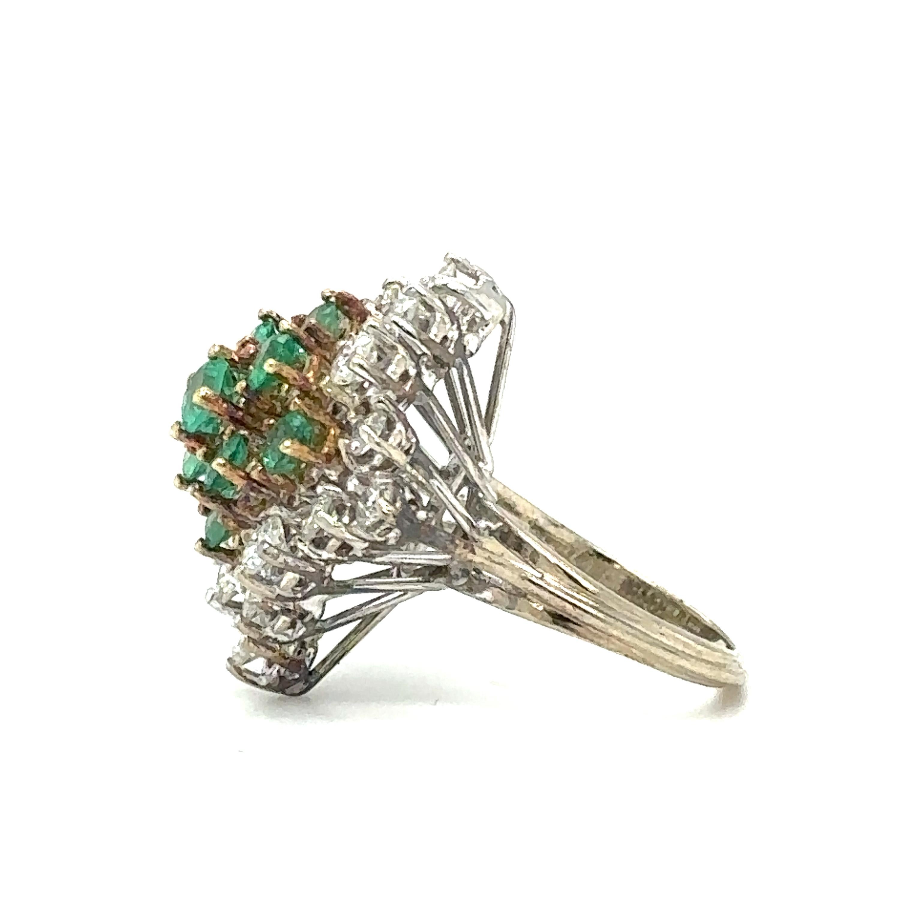 Emerald and Diamond Cocktail Ring in 14 Karat White Gold, circa 1950s In Excellent Condition For Sale In Atlanta, GA