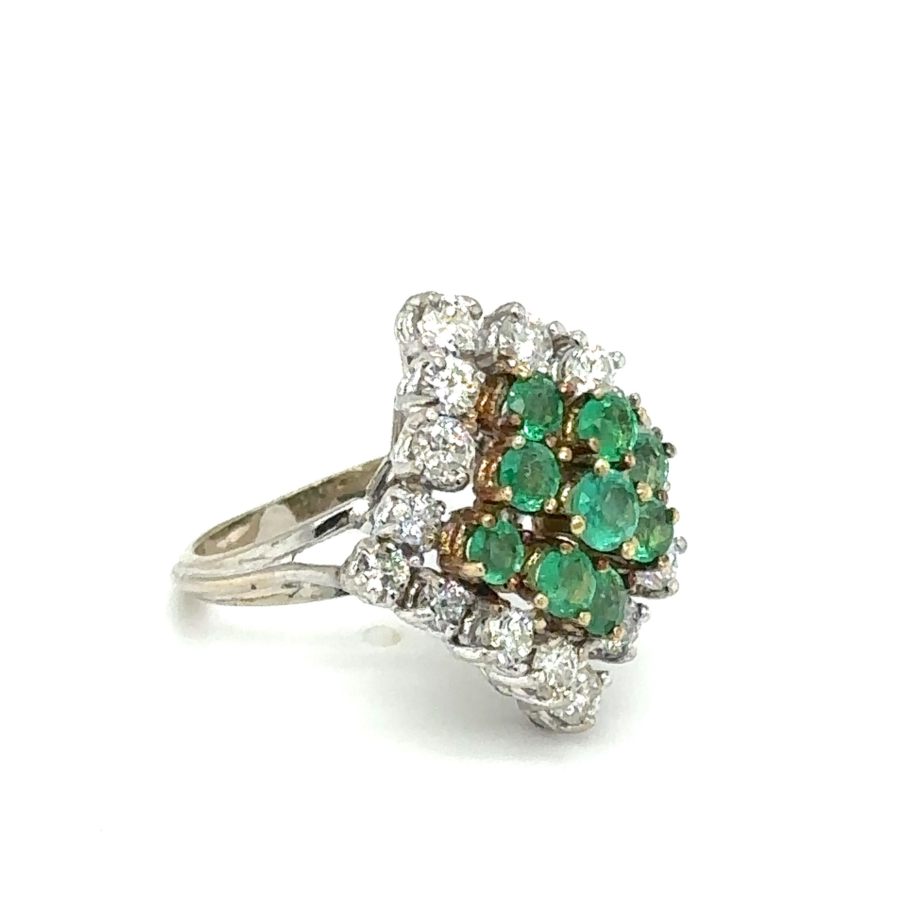 Women's or Men's Emerald and Diamond Cocktail Ring in 14 Karat White Gold, circa 1950s For Sale