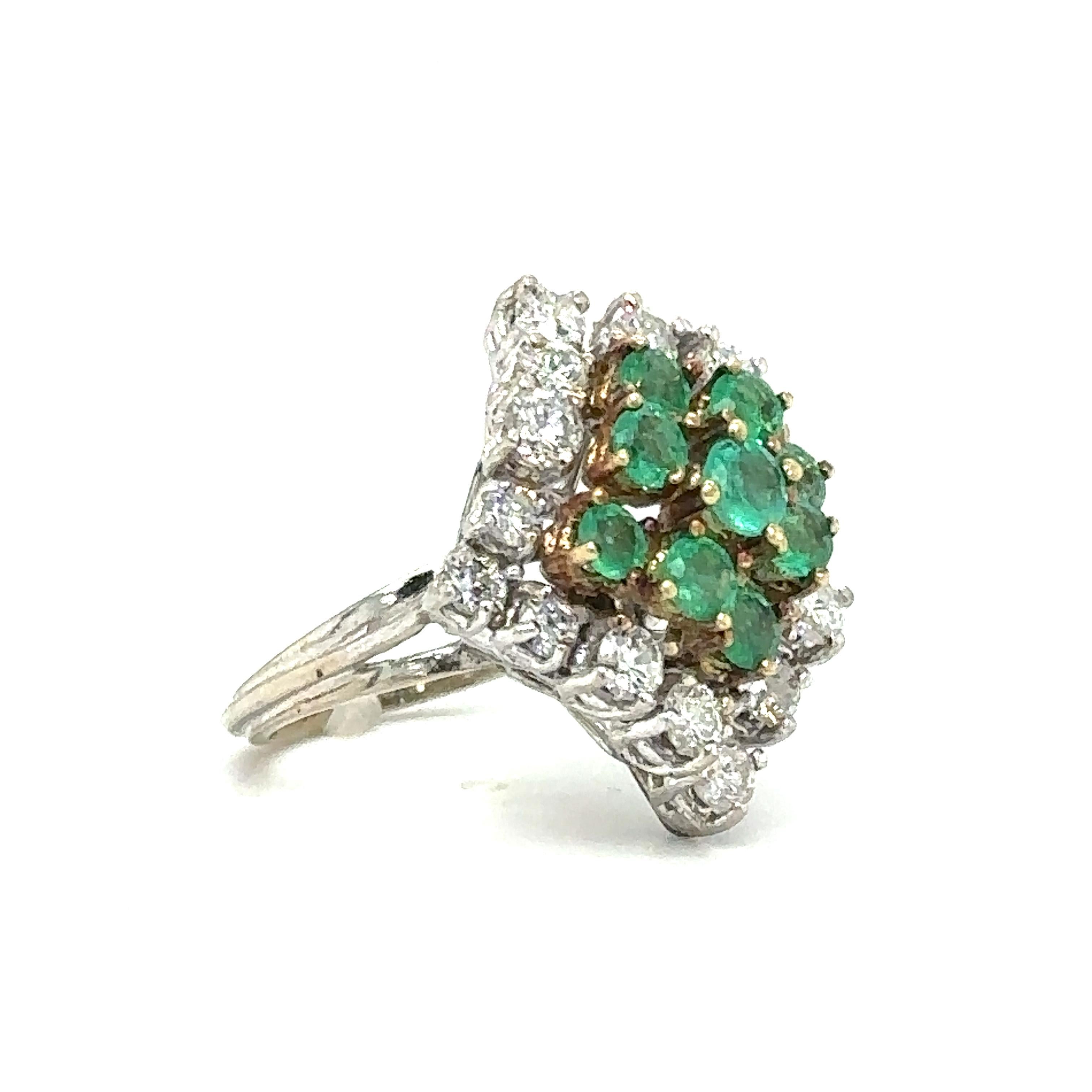 Emerald and Diamond Cocktail Ring in 14 Karat White Gold, circa 1950s For Sale