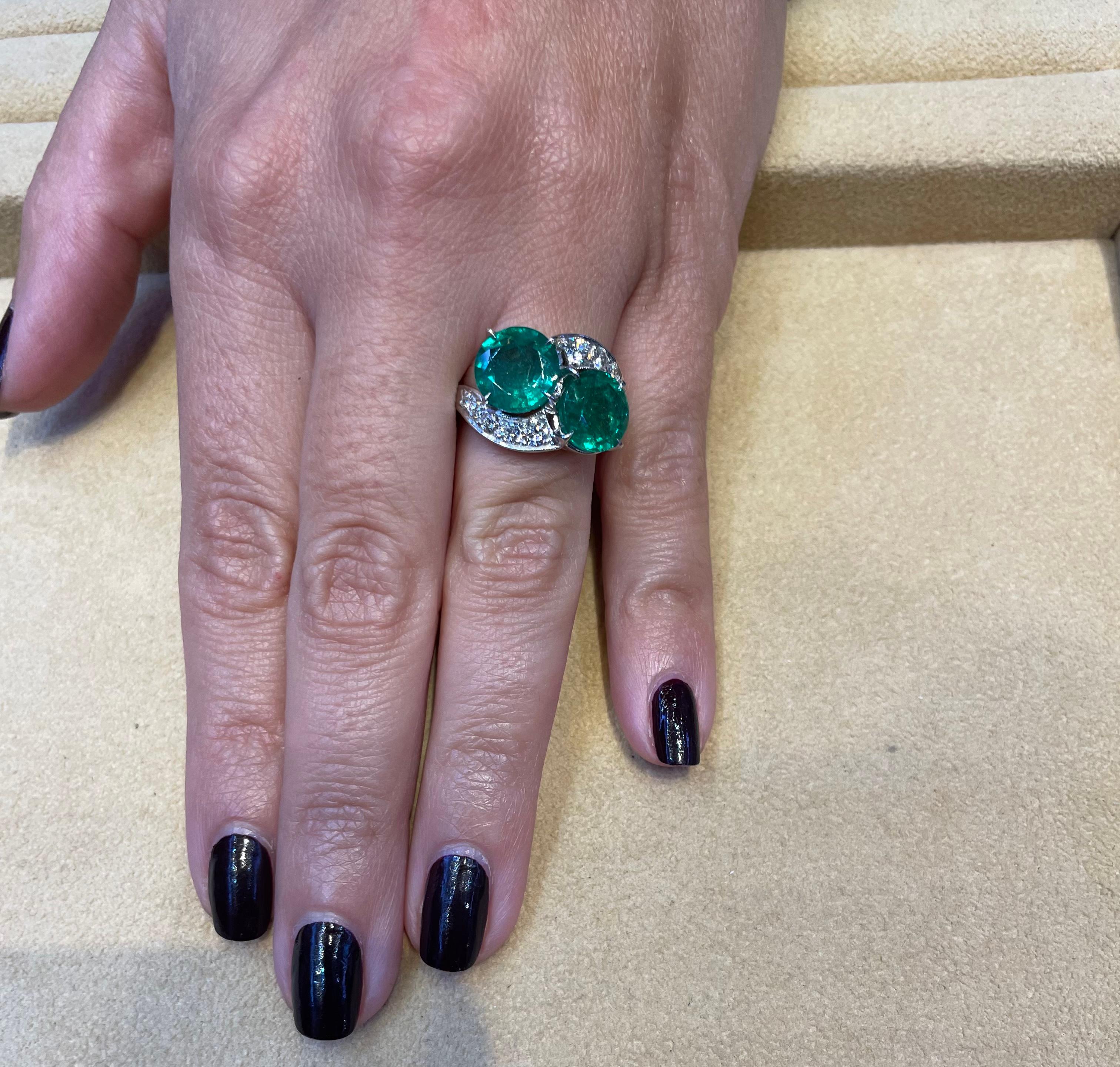 Round Cut Circa 1950's Emerald and Diamond Ring Set in Platinum For Sale