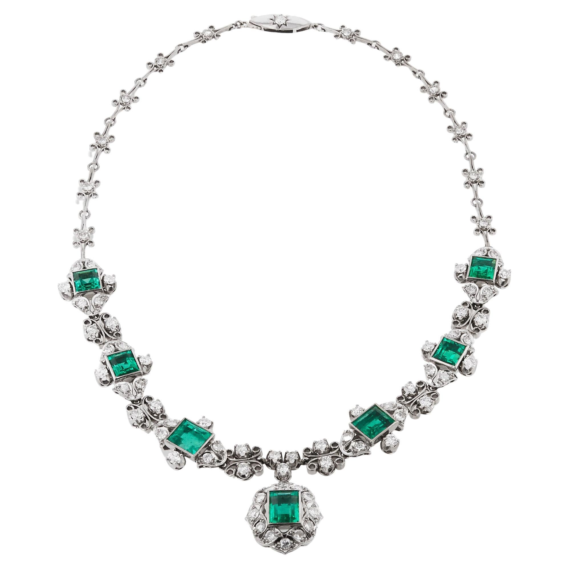 15 Carat Emerald and 5.50 Carat Old European Diamond Bib Necklace Rare Estate 