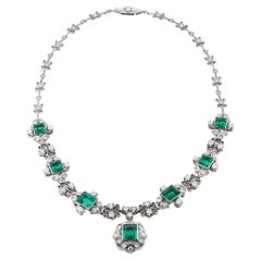 Retro 15 Carat Emerald and 5.50 Carat Old European Diamond Bib Necklace Rare Estate 