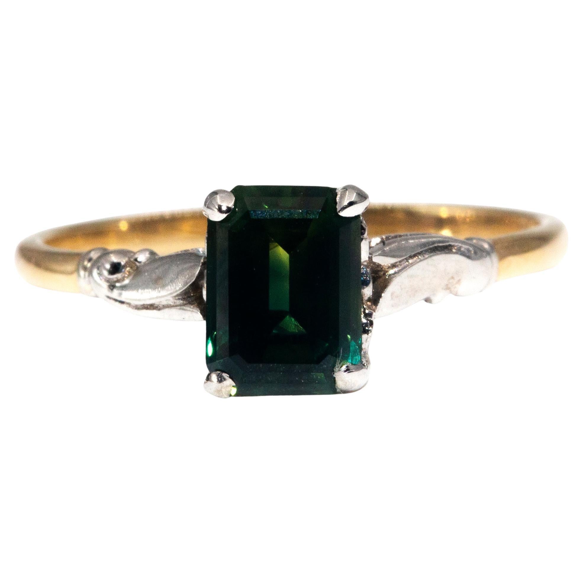 Circa 1950s Emerald Cut Parti Sapphire Vintage 9 Carat Gold Solitaire Ring