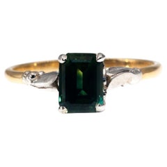 Circa 1950s Emerald Cut Parti Sapphire Retro 9 Carat Gold Solitaire Ring