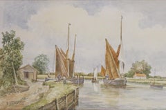 Circa 1950s Fishing Boats Watercolor Scene by Dorothy Lightfoot
