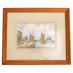 Circa 1950s Fishing Boats Watercolor Scene by Dorothy Lightfoot