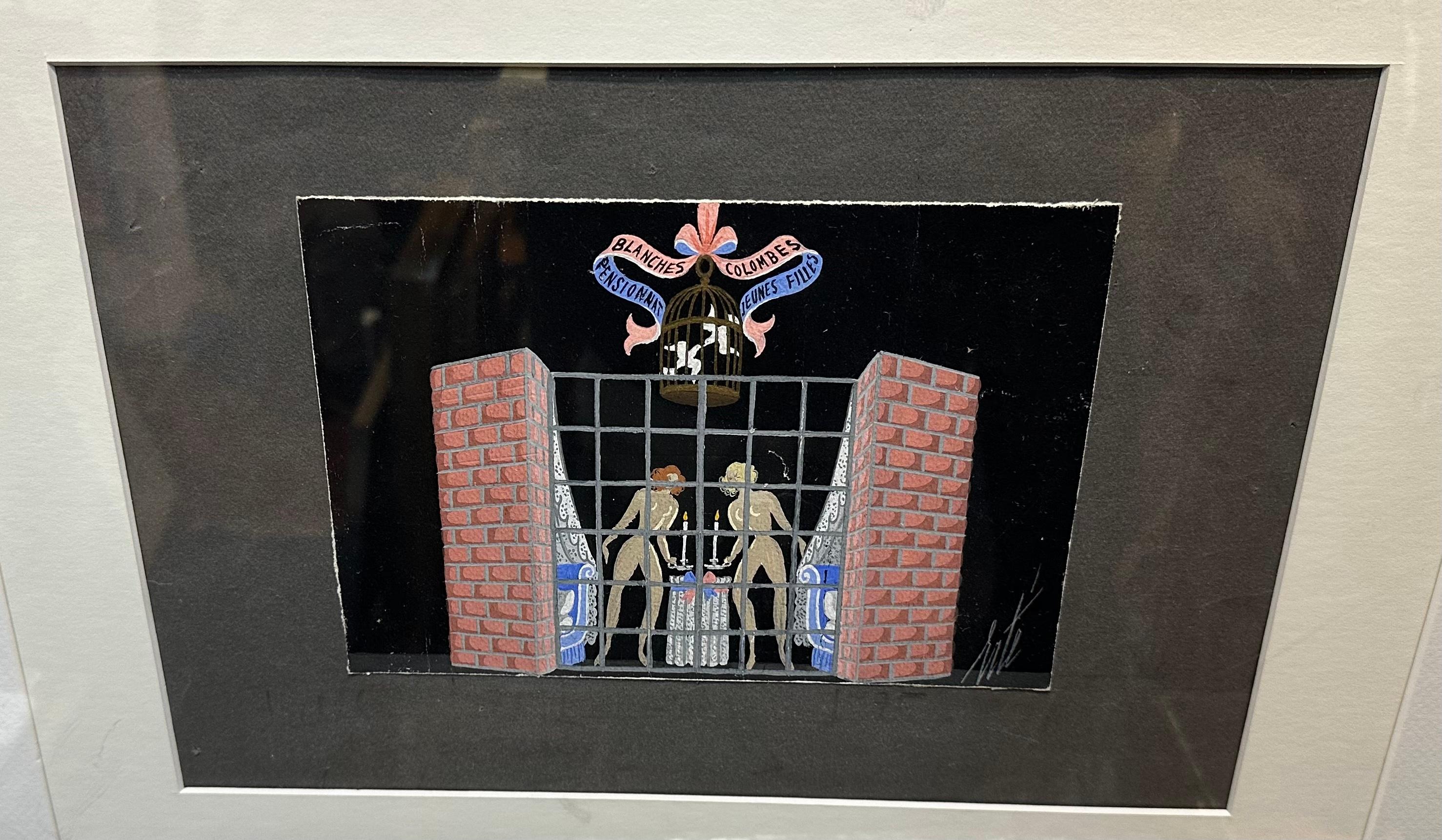 Dipinto a mano CIRCA 1950 Francese Blanches Colombes Pensionnat Jeunes Filles Acquerello Erté in vendita